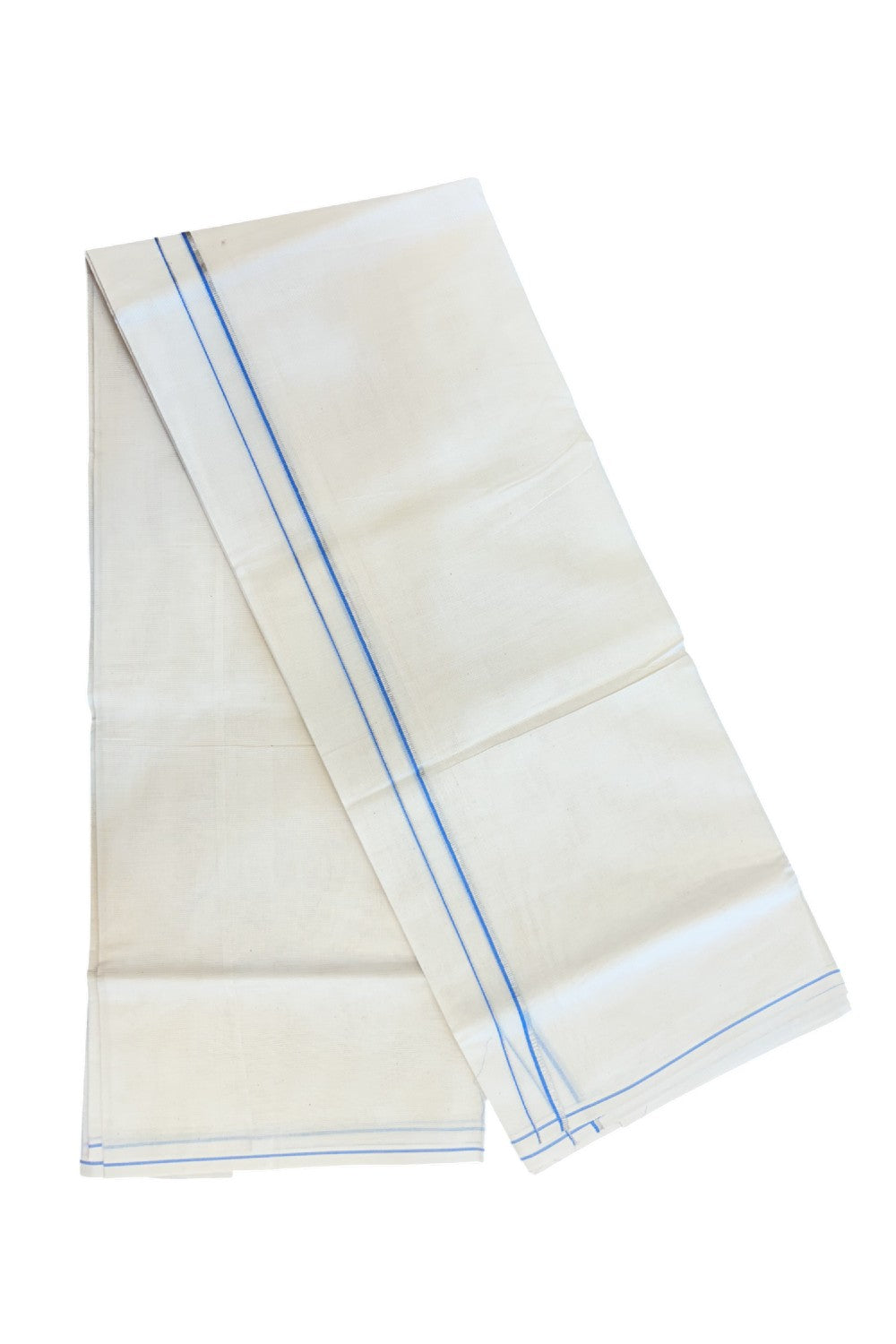 KaithariKada Balaramapuram 100% Cotton Double OFF WHITE (unbleached) Mundu/Dhoti- 60s - 0.5 cm Silver Kasavu & Light Blue thin Kara 4 mtr (8.5 muzham) - 75KK5227 PMC