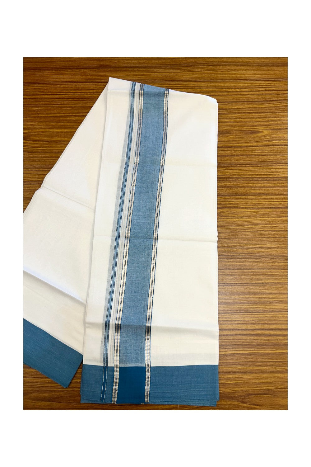 20% DISCOUNT !! KaithariKada Balaramapuram 100% Cotton Double PURE WHITE Mundu/Dhoti - 100X80 - 2.25 inch Peacock Blue Shaded & Silver Kasav Kara - 76KK5213 VIN
