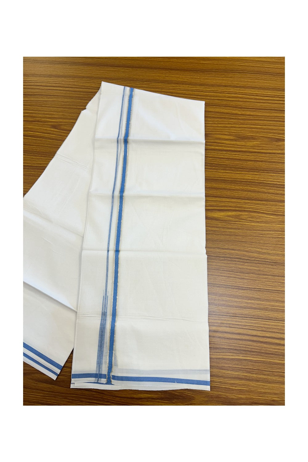 20% Discount ! Kaitharikada Balaramapuram 100% Cotton PURE WHITE Double Mundu/Dothi - 100x90 - 1 cm Silver Kasavu & Light Blue Chutty Kara - 76KK5217 CKS