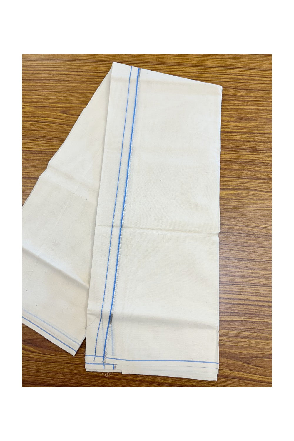 KaithariKada Balaramapuram 100% Cotton Double OFF WHITE (unbleached) Mundu/Dhoti- 60s - 0.5 cm Silver Kasavu & Light Blue thin Kara 4 mtr (8.5 muzham) - 75KK5227 PMC