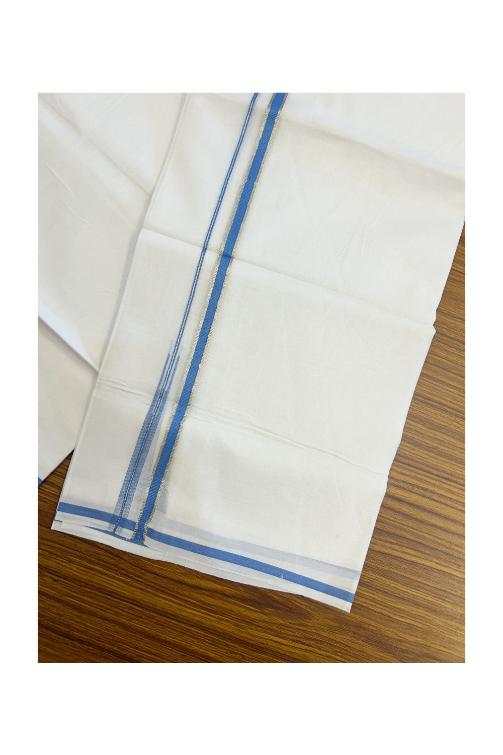 20% Discount ! Kaitharikada Balaramapuram 100% Cotton PURE WHITE Double Mundu/Dothi - 100x90 - 1 cm Silver Kasavu & Light Blue Chutty Kara - 76KK5217 CKS