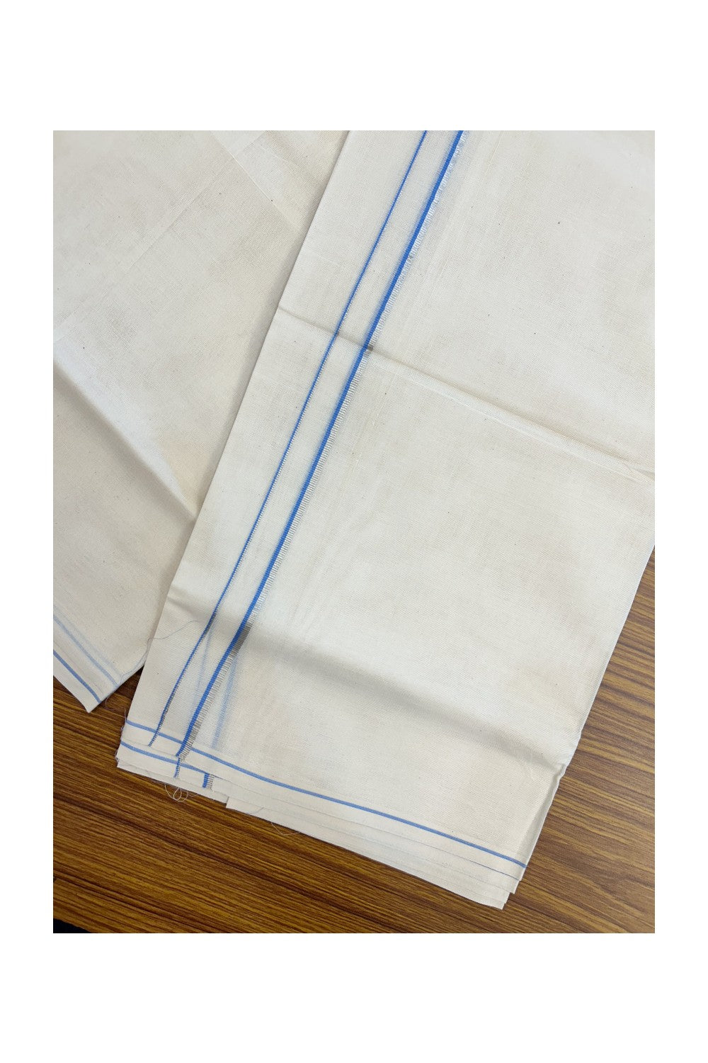 KaithariKada Balaramapuram 100% Cotton Double OFF WHITE (unbleached) Mundu/Dhoti- 60s - 0.5 cm Silver Kasavu & Light Blue thin Kara 4 mtr (8.5 muzham) - 75KK5227 PMC
