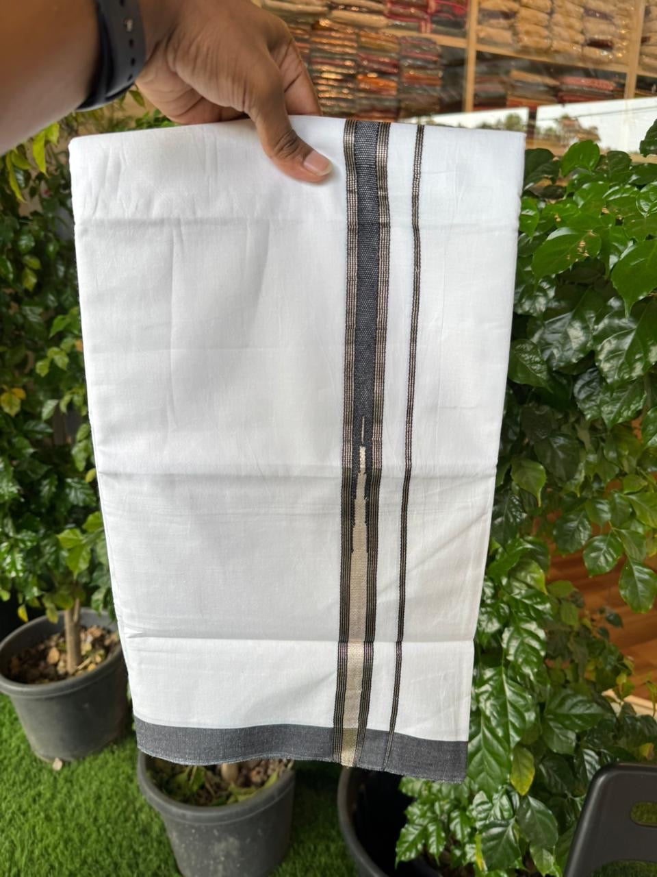 20% Discount ! Kaitharikada Balaramapuram 100% Cotton Pure White Double Mundu/Dothi - 100x80 - 1 inch Puliyilakkara Black & Silver Kasav Heavy One Side Chutty Striped Kara 4 mtr (8.5 muzham) - 66 KK5255 VAS