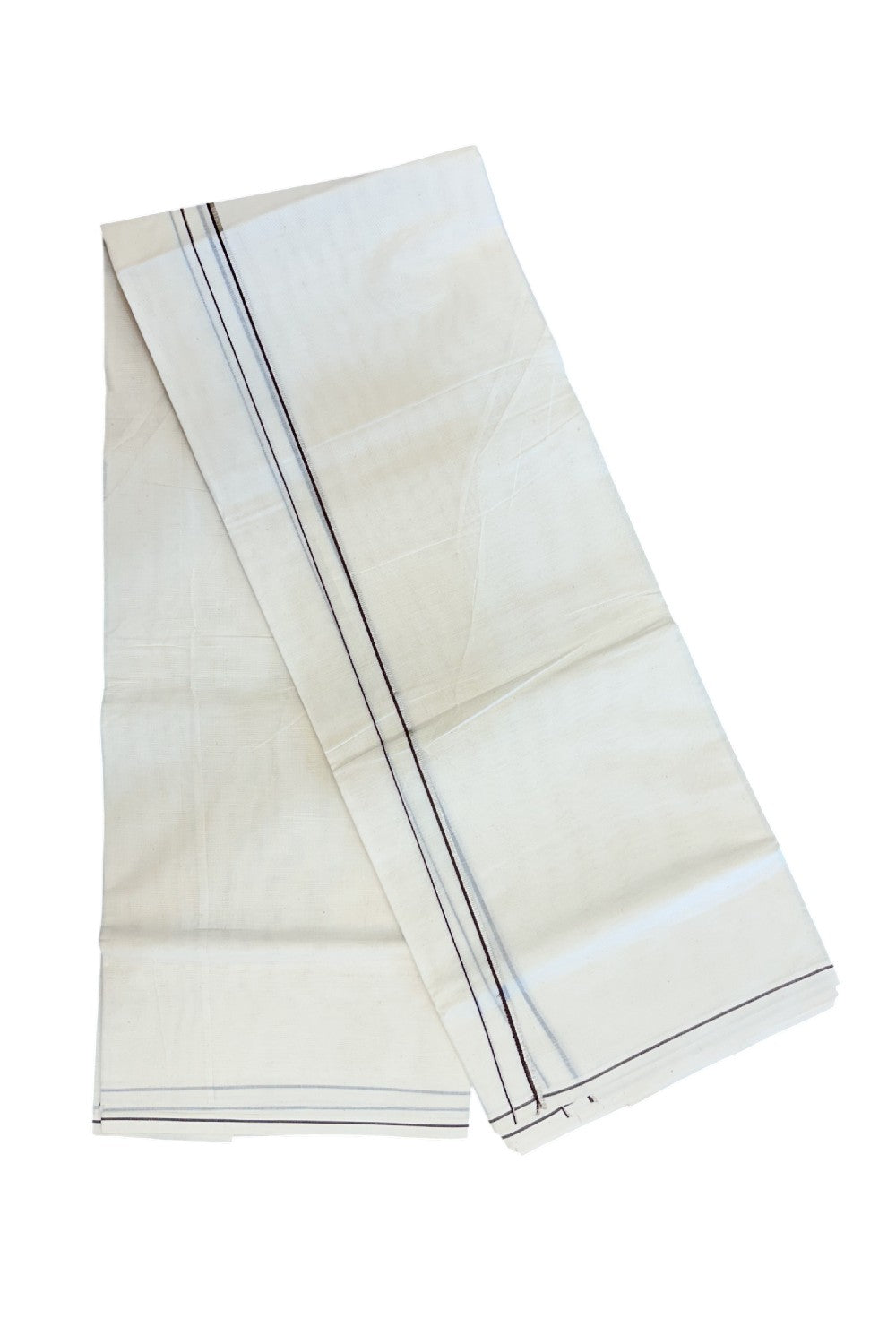KaithariKada Balaramapuram 100% Cotton Double OFF WHITE (unbleached) Mundu/Dhoti- 60s - 0.5 cm Silver Kasavu & Chocolate brown thin Kara 4 mtr (8.5 muzham) - 76KK5227 PMC
