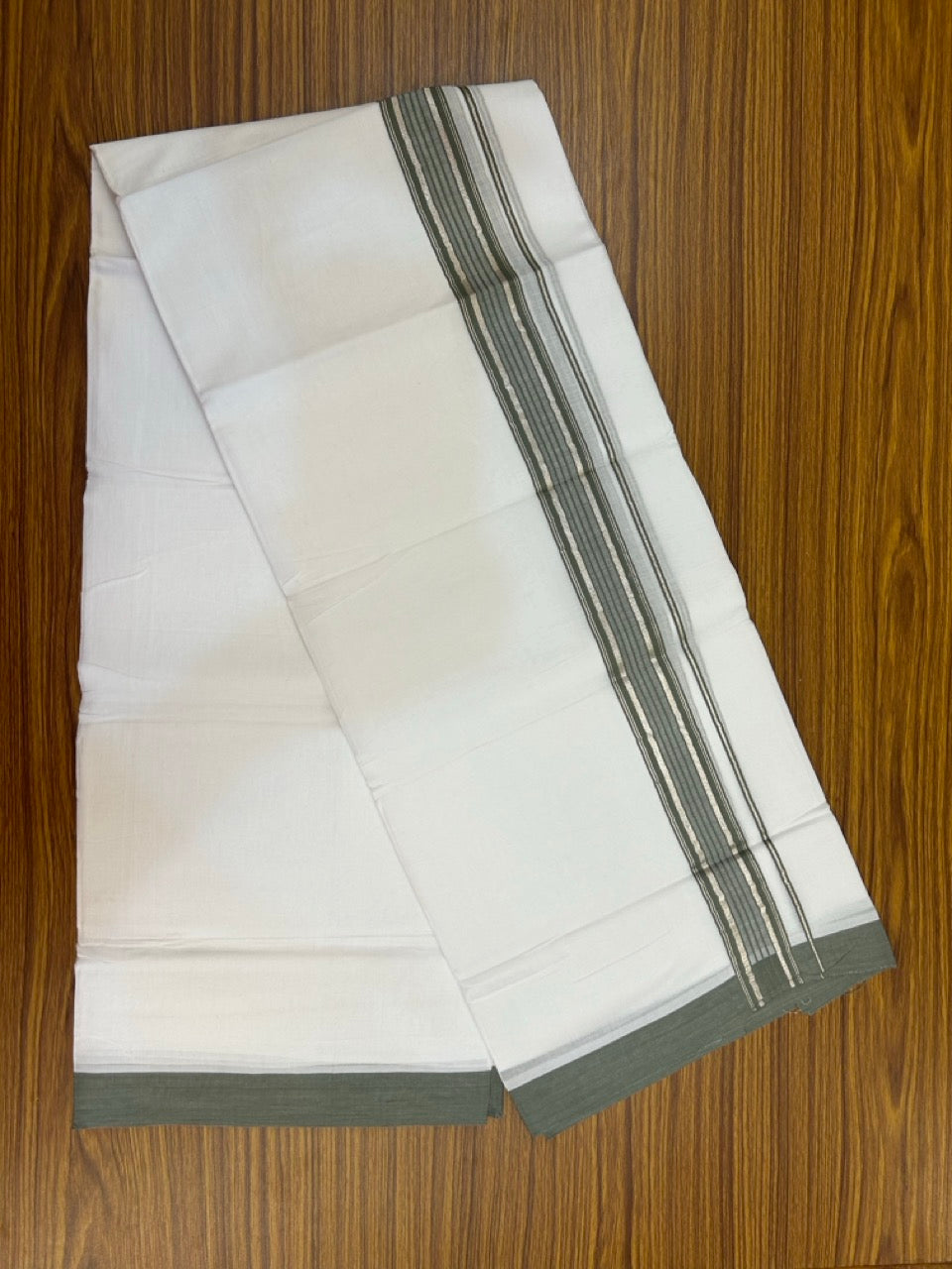 4.5 Meters (10 Muzham) - Pure white double 20% Discount ! KaithariKada Balaramapuram - 100% Pure Cotton 100x80 - Mundu/Dothi - 1.75 inch Sage Green Silver Kasav Kara - 77 KK5258 THI