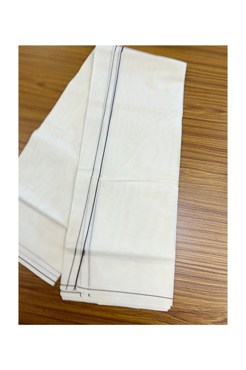 KaithariKada Balaramapuram 100% Cotton Double OFF WHITE (unbleached) Mundu/Dhoti- 60s - 0.5 cm Silver Kasavu & Chocolate brown thin Kara 4 mtr (8.5 muzham) - 76KK5227 PMC