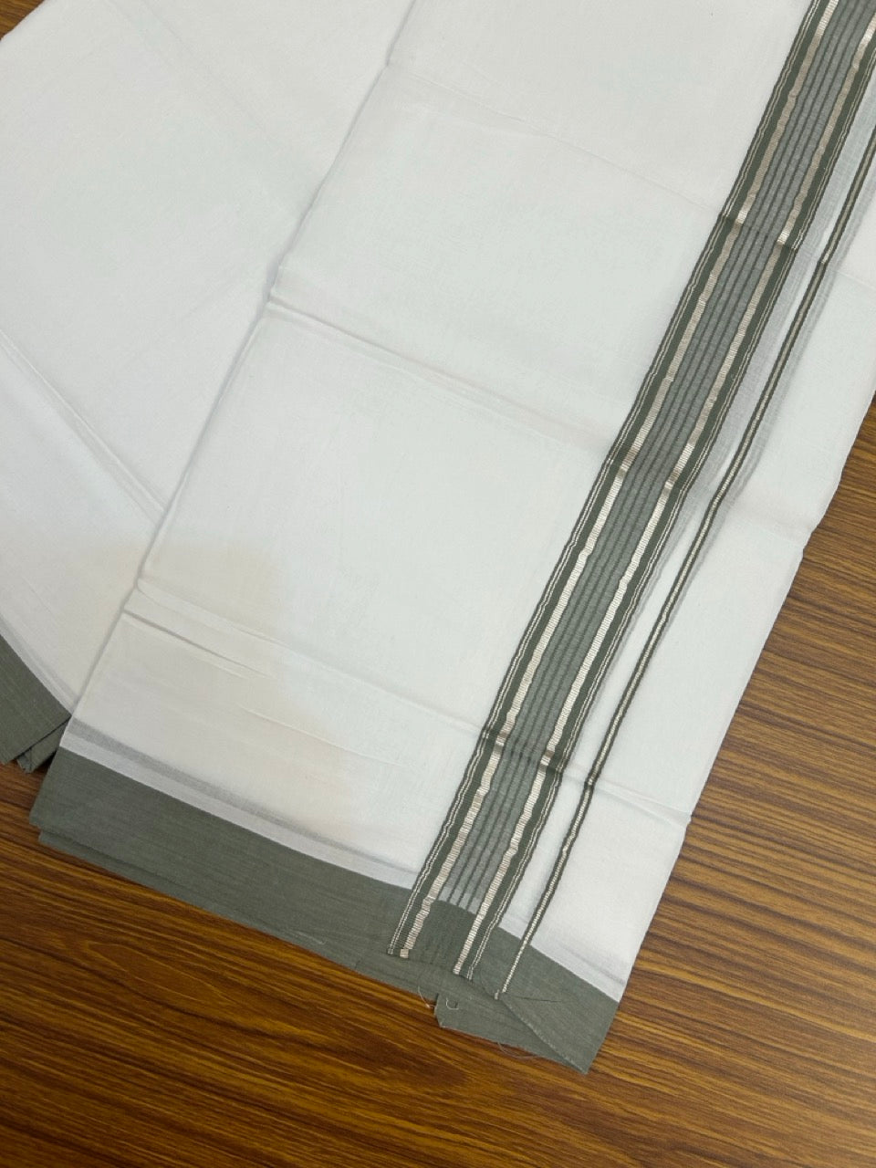4.5 Meters (10 Muzham) - Pure white double 20% Discount ! KaithariKada Balaramapuram - 100% Pure Cotton 100x80 - Mundu/Dothi - 1.75 inch Sage Green Silver Kasav Kara - 77 KK5258 THI