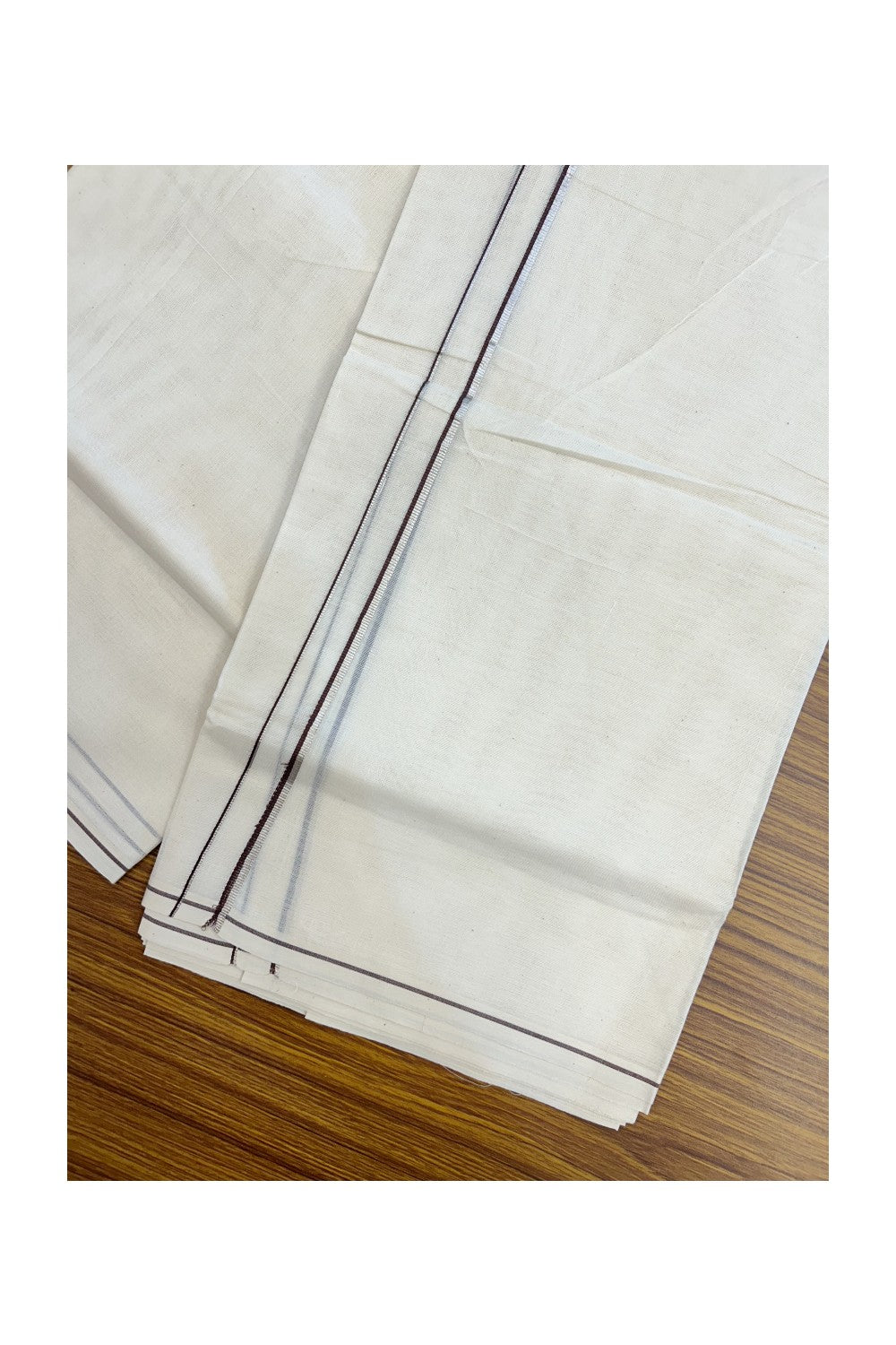 KaithariKada Balaramapuram 100% Cotton Double OFF WHITE (unbleached) Mundu/Dhoti- 60s - 0.5 cm Silver Kasavu & Chocolate brown thin Kara 4 mtr (8.5 muzham) - 76KK5227 PMC