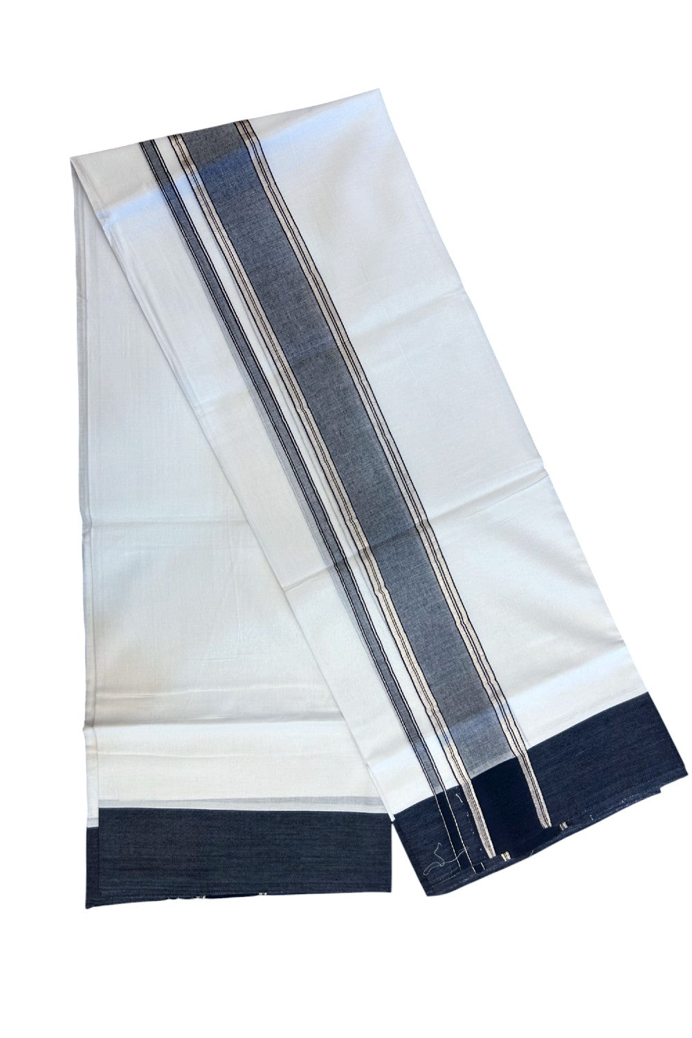 20% DISCOUNT !! KaithariKada Balaramapuram 100% Cotton Double PURE WHITE Mundu/Dhoti - 100X80 - 2.25 inch Black Shaded & Silver Kasav Kara - 78KK5213 VIN