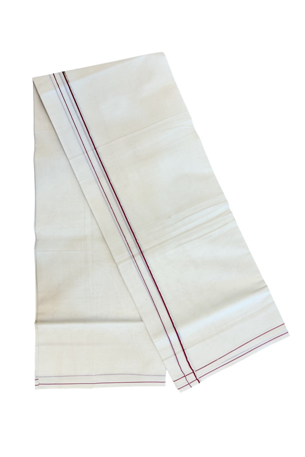 KaithariKada Balaramapuram 100% Cotton Double OFF WHITE (unbleached) Mundu/Dhoti- 60s - 0.5 cm Silver Kasavu & Maroon thin Kara 4 mtr (8.5 muzham) - 77KK5227 PMC