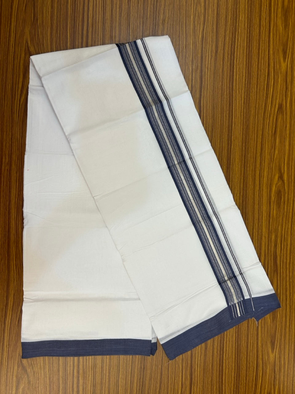 4.5 Meters (10 Muzham) - Pure white double 20% Discount ! KaithariKada Balaramapuram - 100% Pure Cotton 100x80 - Mundu/Dothi - 1.75 inch Navy Blue Silver Kasav Kara - 78 KK5258 THI