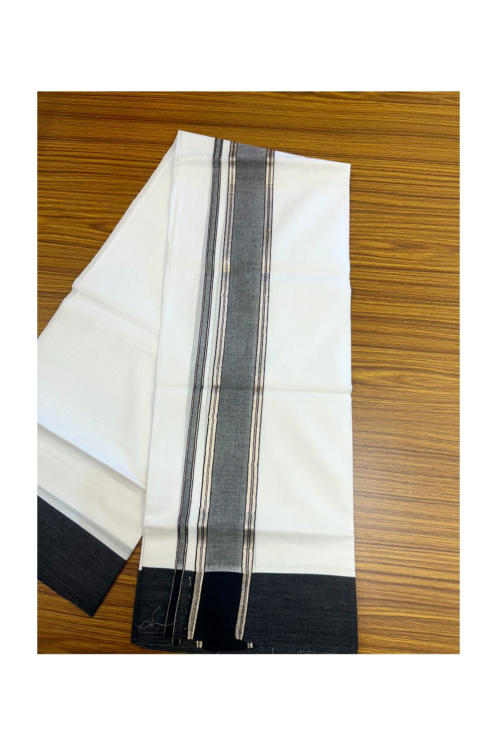 20% DISCOUNT !! KaithariKada Balaramapuram 100% Cotton Double PURE WHITE Mundu/Dhoti - 100X80 - 2.25 inch Black Shaded & Silver Kasav Kara - 78KK5213 VIN