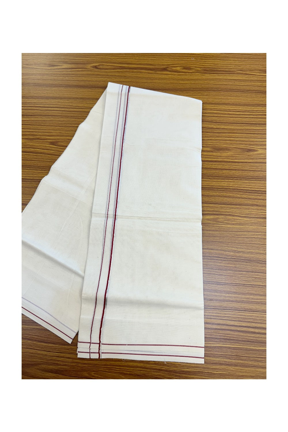 KaithariKada Balaramapuram 100% Cotton Double OFF WHITE (unbleached) Mundu/Dhoti- 60s - 0.5 cm Silver Kasavu & Maroon thin Kara 4 mtr (8.5 muzham) - 77KK5227 PMC