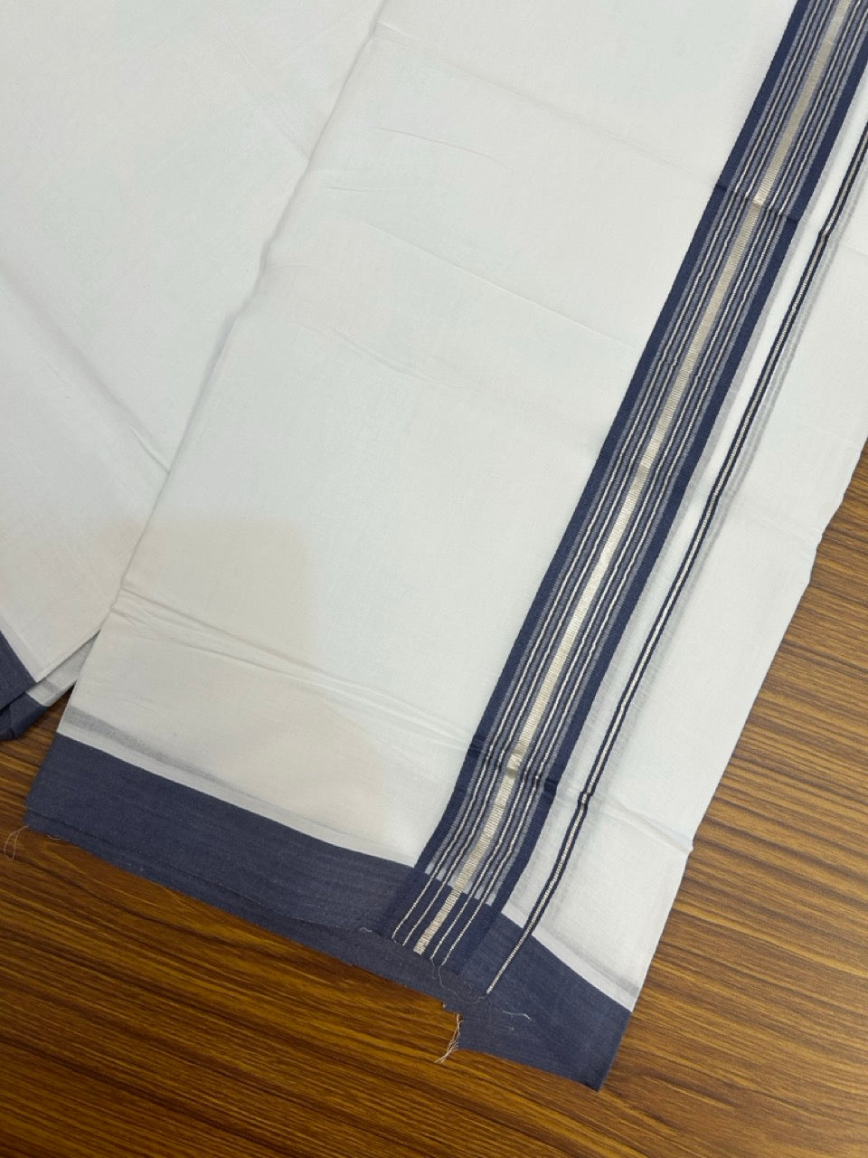 4.5 Meters (10 Muzham) - Pure white double 20% Discount ! KaithariKada Balaramapuram - 100% Pure Cotton 100x80 - Mundu/Dothi - 1.75 inch Navy Blue Silver Kasav Kara - 78 KK5258 THI
