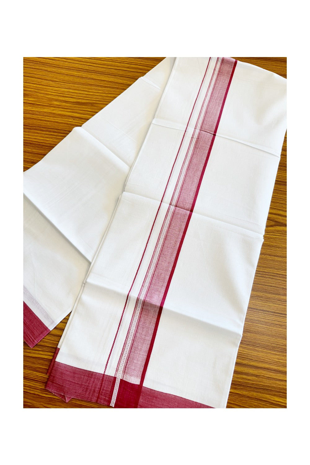 24% Discount!! Kaitharikada Balaramapuram 100% Cotton Pure White Double Mundu./Dothi-100x80 - 2.5 Inch Red Striped Cotton Kara - 78KK45VAS.