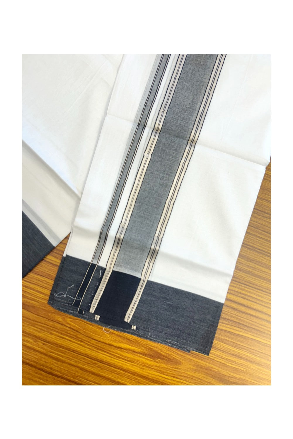 20% DISCOUNT !! KaithariKada Balaramapuram 100% Cotton Double PURE WHITE Mundu/Dhoti - 100X80 - 2.25 inch Black Shaded & Silver Kasav Kara - 78KK5213 VIN