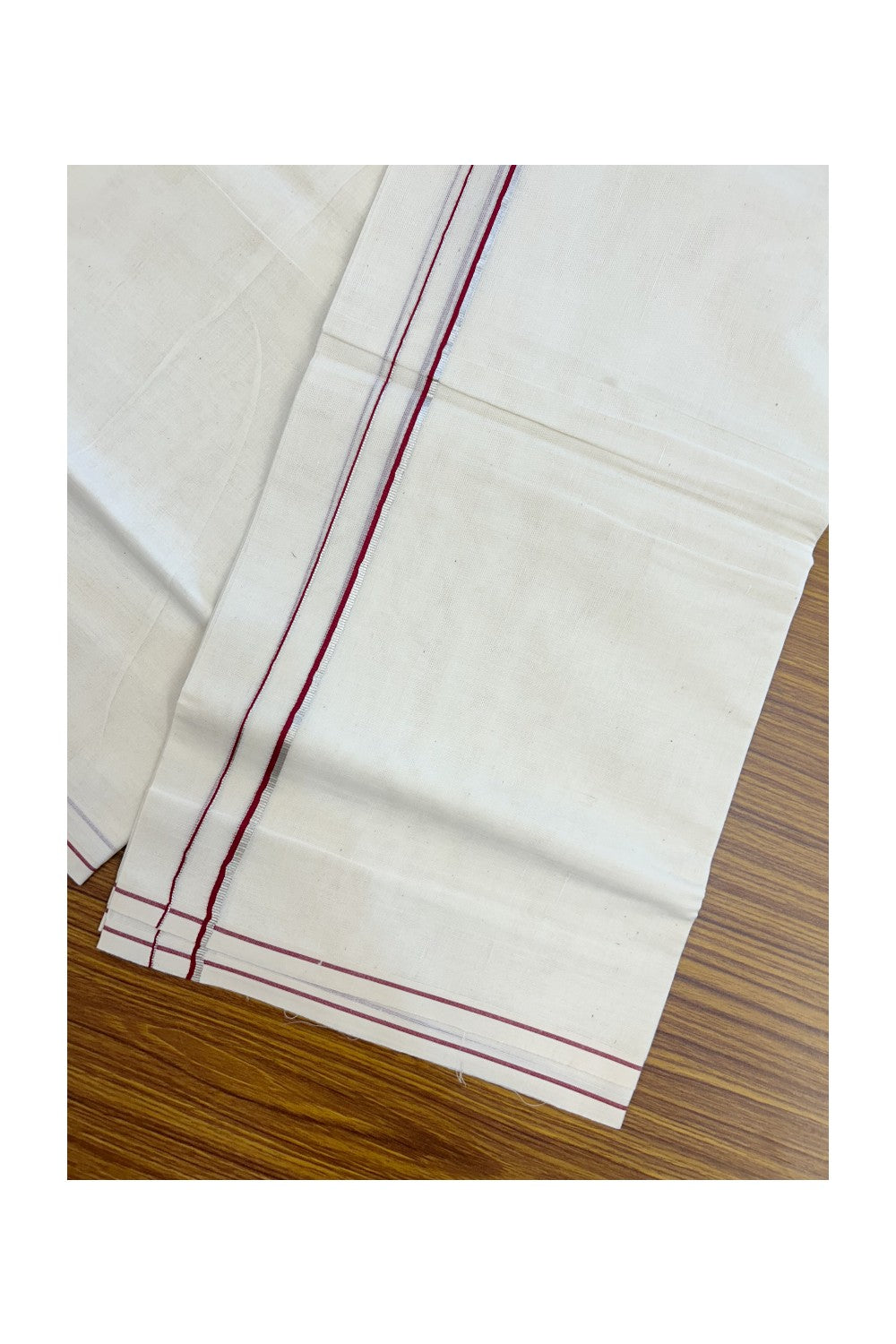 KaithariKada Balaramapuram 100% Cotton Double OFF WHITE (unbleached) Mundu/Dhoti- 60s - 0.5 cm Silver Kasavu & Maroon thin Kara 4 mtr (8.5 muzham) - 77KK5227 PMC