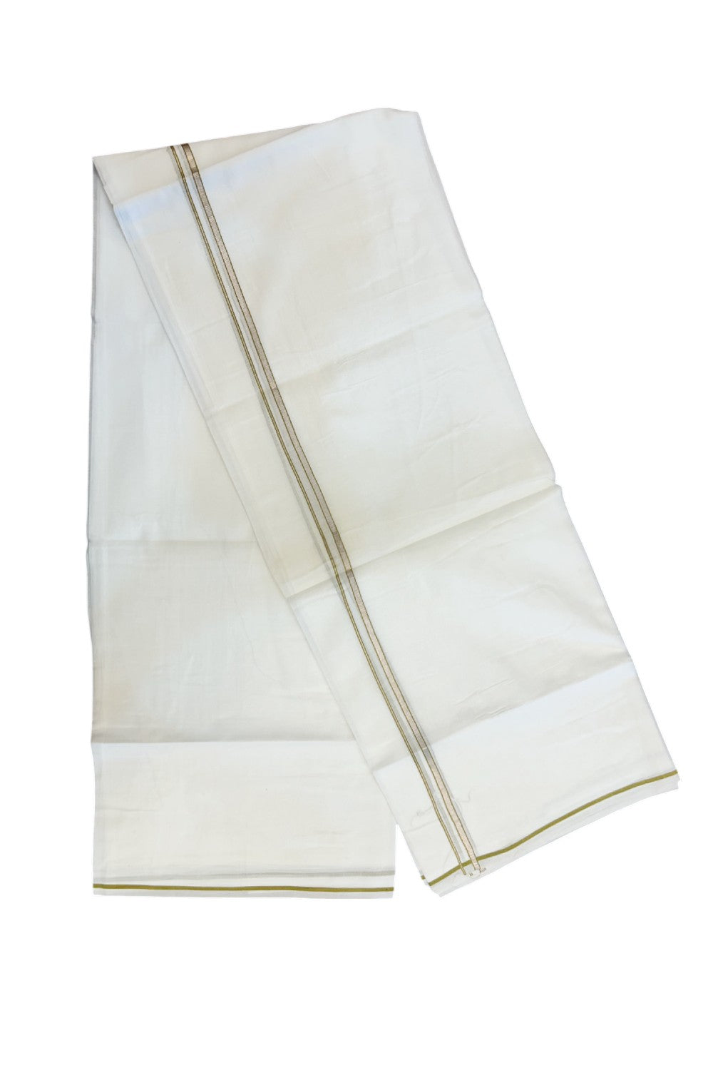 20% Discount ! Kaitharikada Balaramapuram 100% Cotton PURE WHITE Double Mundu/Dothi - 100x90 - 0.5 cm Olive Yellow Silver Kasavu thin Kara - 79KK5217 CKS