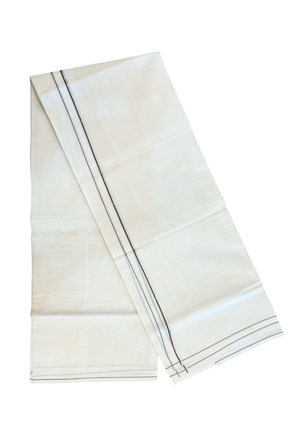 KaithariKada Balaramapuram 100% Cotton Double OFF WHITE (unbleached) Mundu/Dhoti- 60s - 0.5 cm Silver Kasavu & Brown thin Kara 4 mtr (8.5 muzham) - 78KK5227 PMC