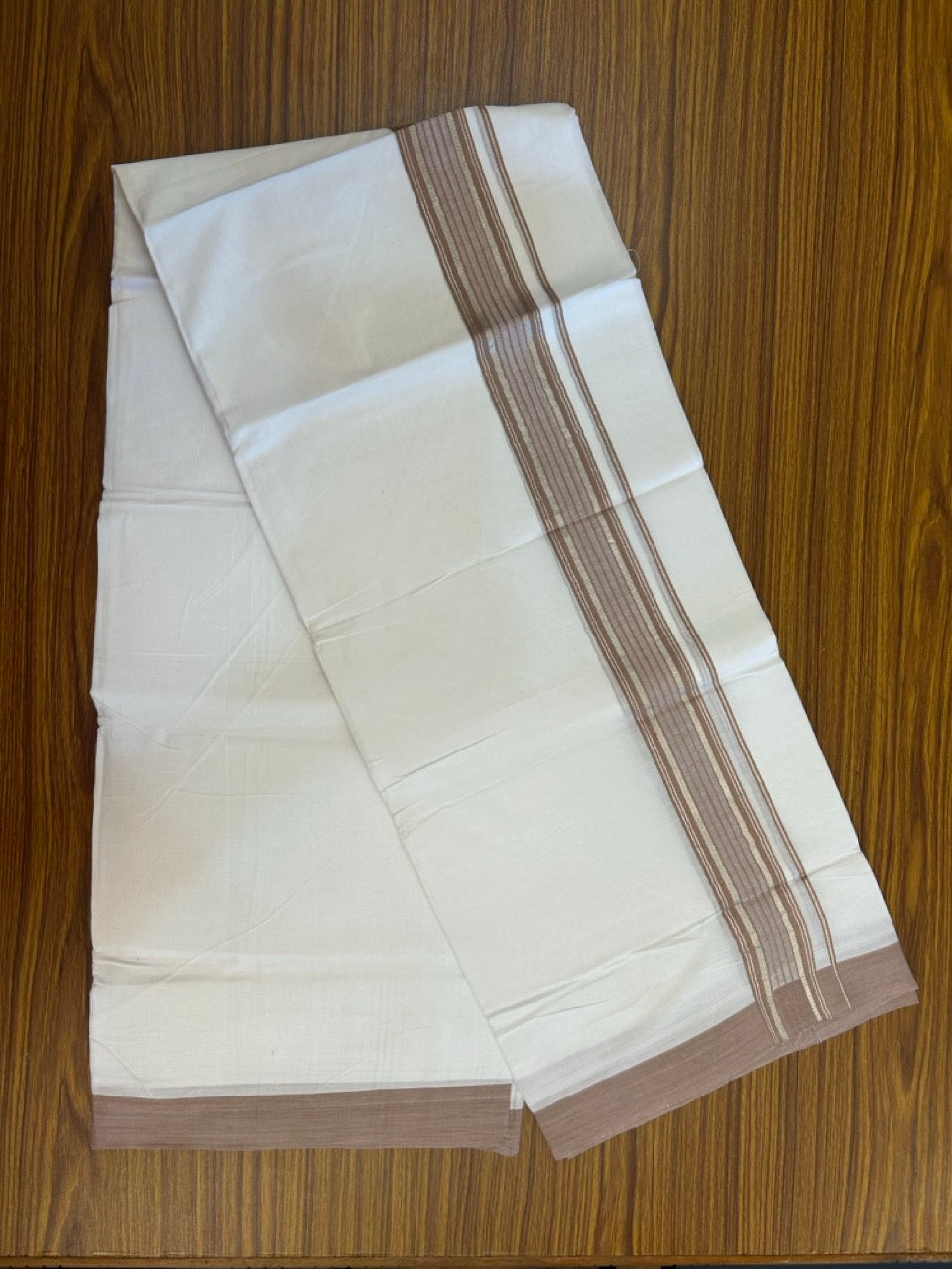 4.5 Meters (10 Muzham) - Pure white double 20% Discount ! KaithariKada Balaramapuram - 100% Pure Cotton 100x80 - Mundu/Dothi - 1.75 inch Brown Silver Kasav Kara - 79 KK5258 THI