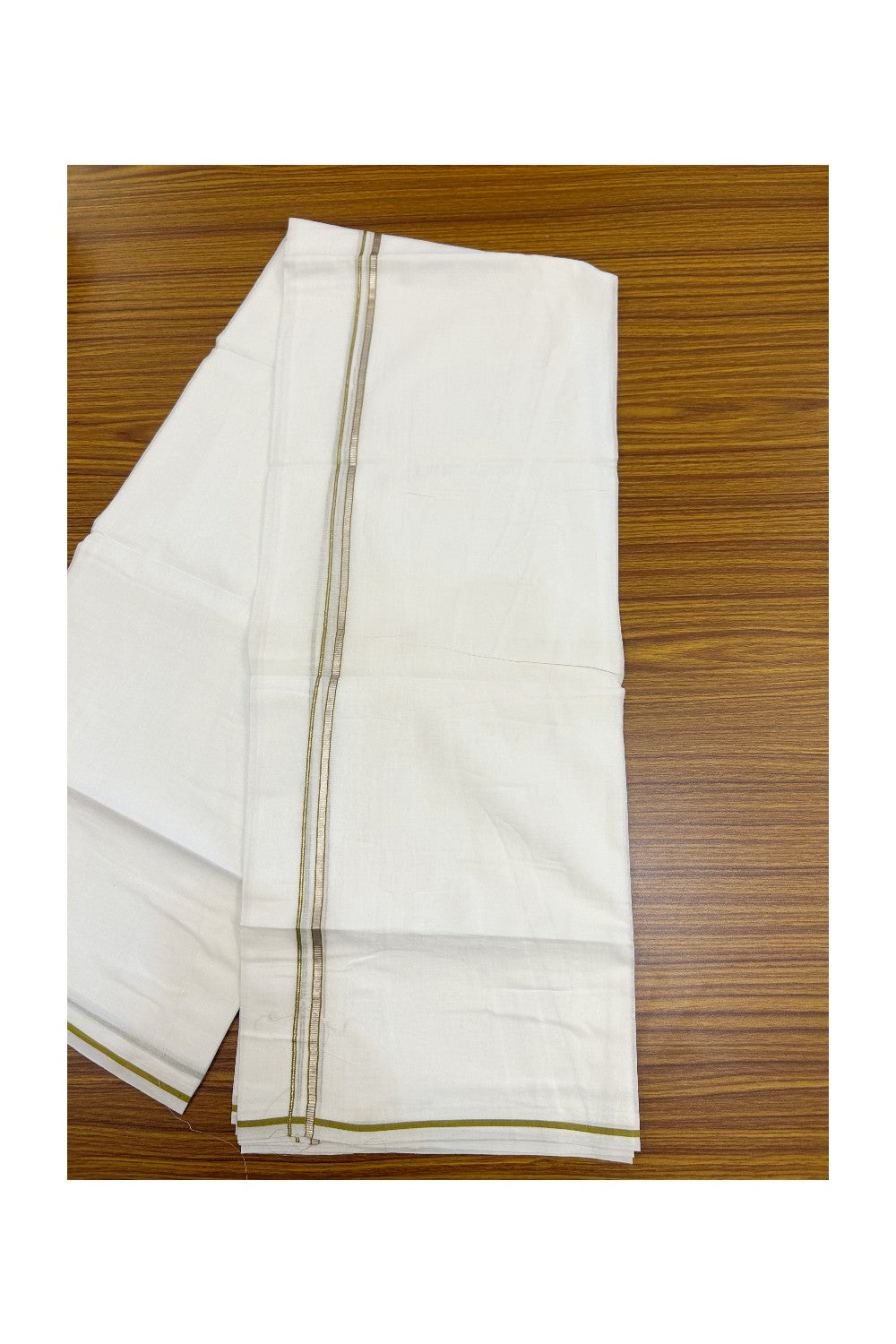 20% Discount ! Kaitharikada Balaramapuram 100% Cotton PURE WHITE Double Mundu/Dothi - 100x90 - 0.5 cm Olive Yellow Silver Kasavu thin Kara - 79KK5217 CKS