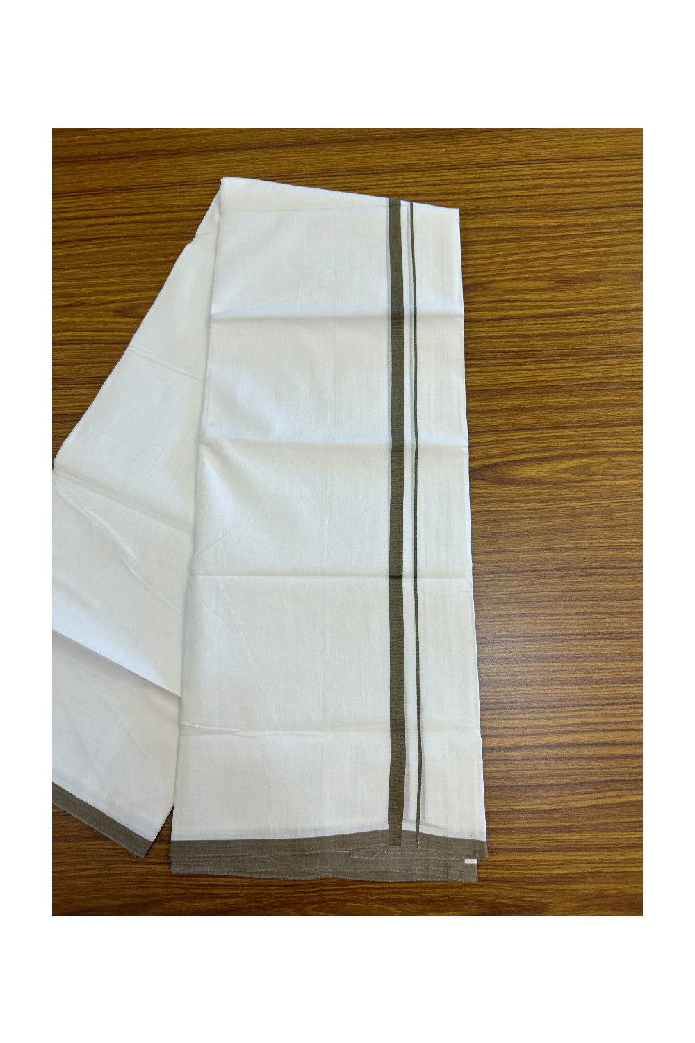 20% Discount ! Kaitharikada Balaramapuram 100% Cotton PURE WHITE Double Mundu/Dothi - 100x80 - 0.5 inch Army Green Kara 3.70 mtr (8 muzham) - 71KK5220 THI