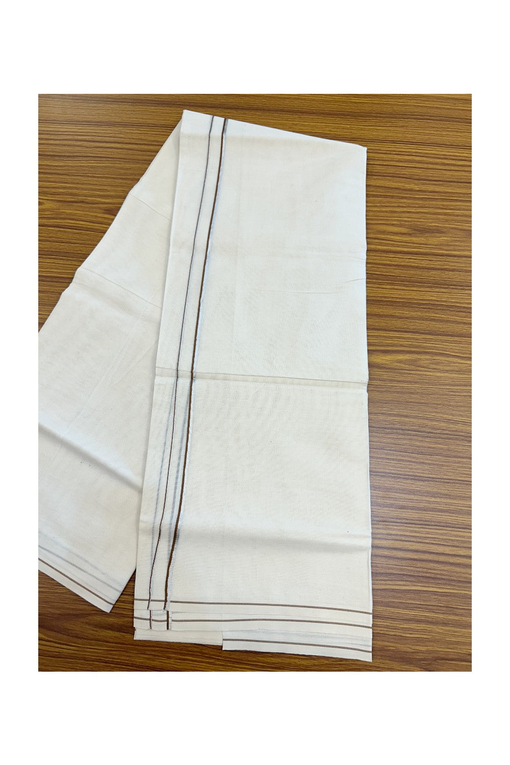KaithariKada Balaramapuram 100% Cotton Double OFF WHITE (unbleached) Mundu/Dhoti- 60s - 0.5 cm Silver Kasavu & Brown thin Kara 4 mtr (8.5 muzham) - 78KK5227 PMC