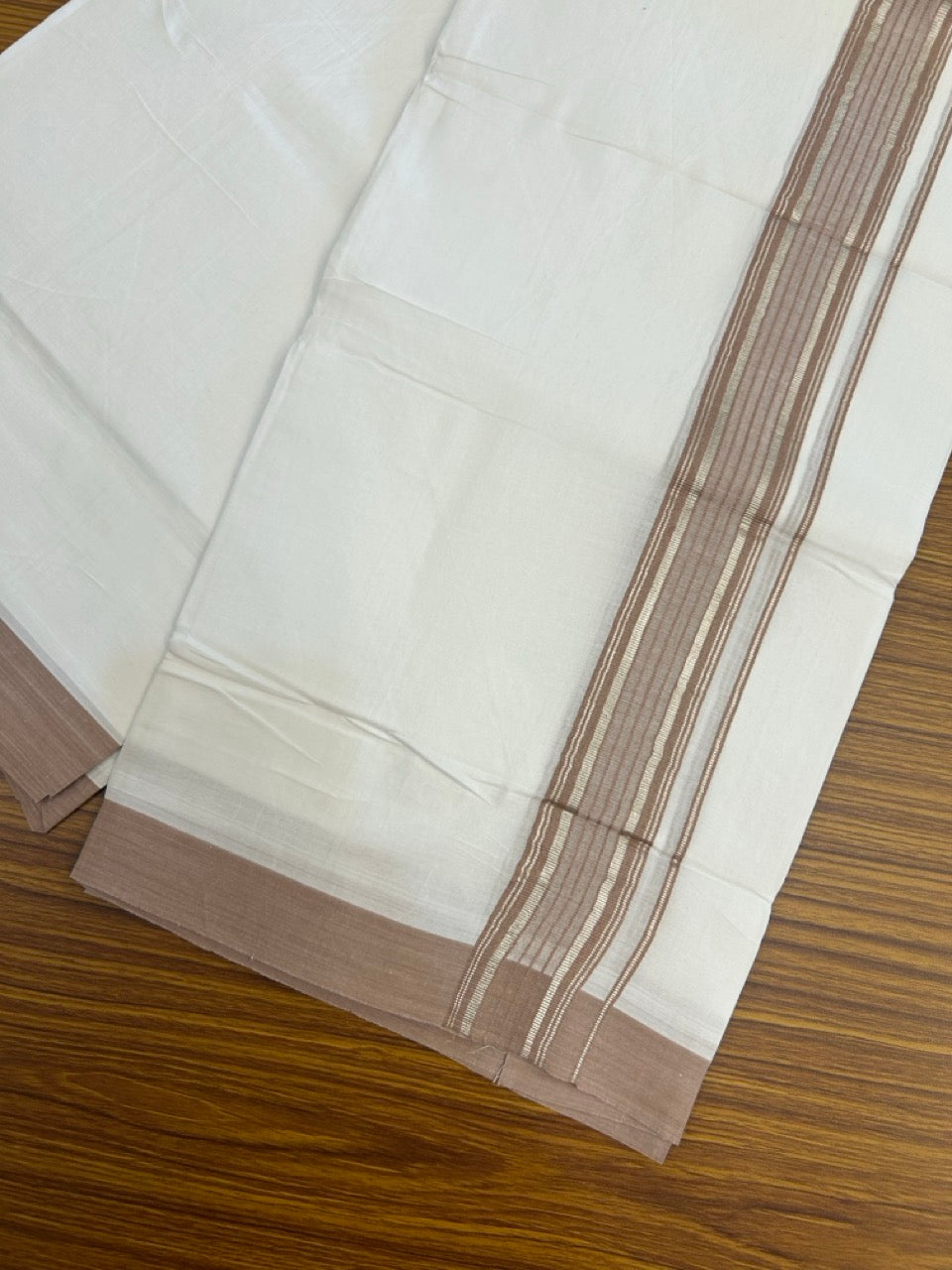 4.5 Meters (10 Muzham) - Pure white double 20% Discount ! KaithariKada Balaramapuram - 100% Pure Cotton 100x80 - Mundu/Dothi - 1.75 inch Brown Silver Kasav Kara - 79 KK5258 THI