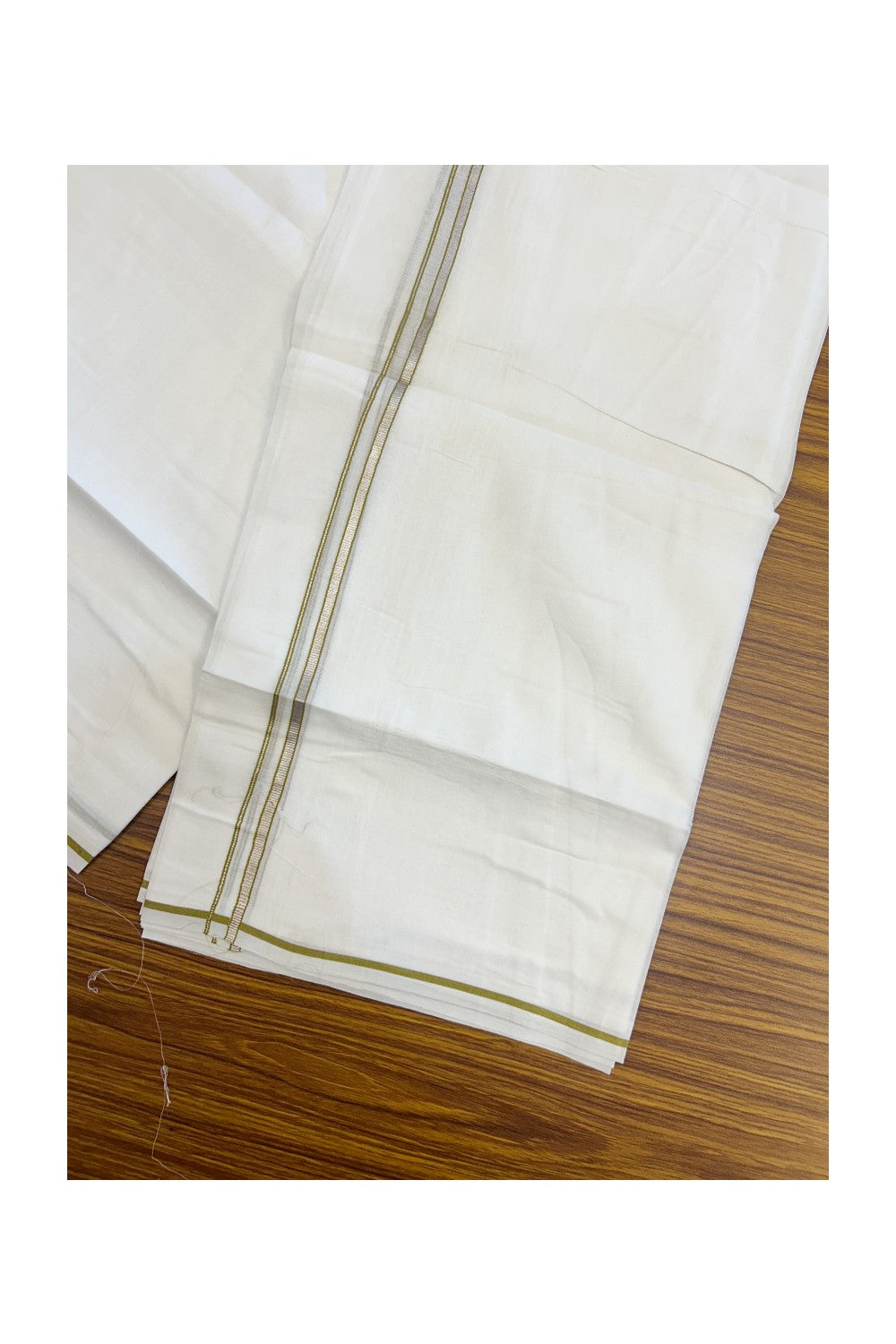 20% Discount ! Kaitharikada Balaramapuram 100% Cotton PURE WHITE Double Mundu/Dothi - 100x90 - 0.5 cm Olive Yellow Silver Kasavu thin Kara - 79KK5217 CKS