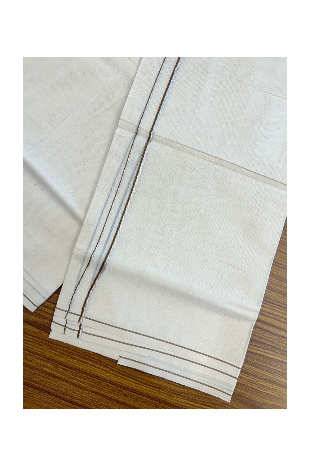 KaithariKada Balaramapuram 100% Cotton Double OFF WHITE (unbleached) Mundu/Dhoti- 60s - 0.5 cm Silver Kasavu & Brown thin Kara 4 mtr (8.5 muzham) - 78KK5227 PMC