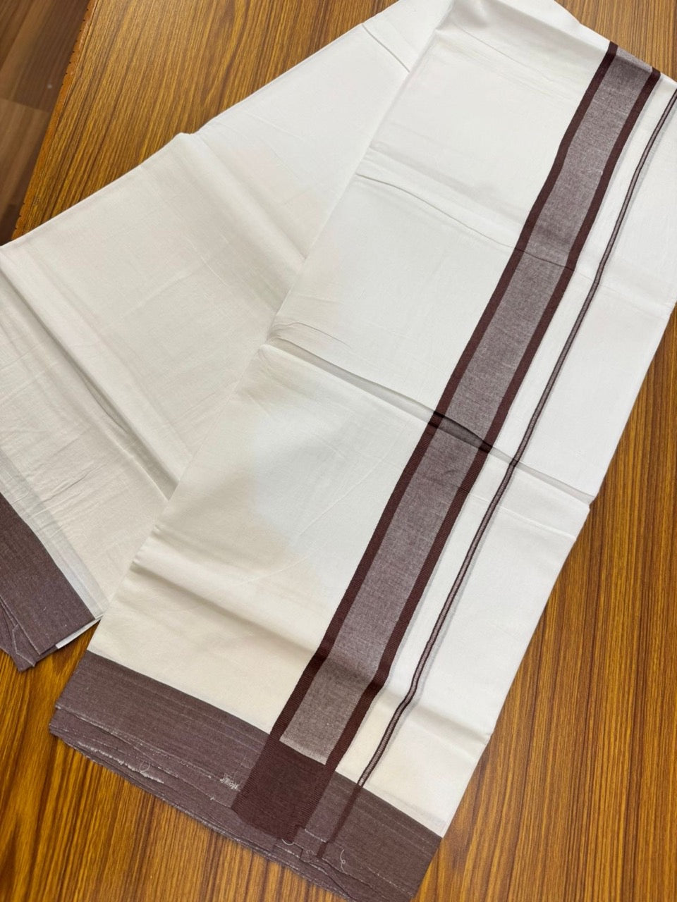 20% Discount ! KaithariKada Balaramapuram 100% Cotton Double Pure white Mundu/Dhoti- 100x80 - 1.75 inch Dark Brown shaded Kara - 3.90mtr ( 8 muzham) - 31 KK5251 PMC