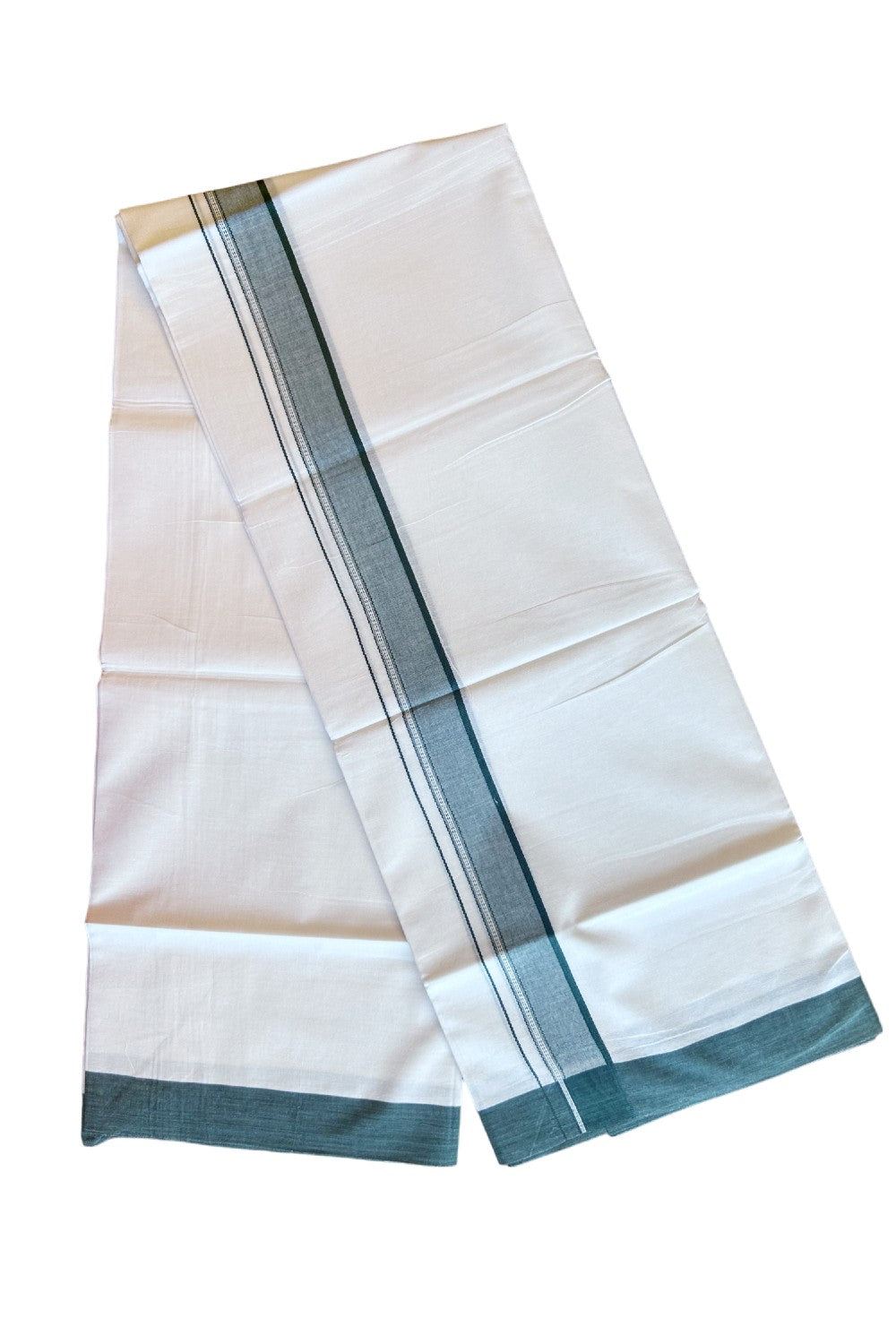 15% DISCOUNT!! Kaitharikada Balaramapuram 100% Cotton Ultra WHITE Double Mundu./Dothi-100x80 2 Inch DEEP GREEN Striped Cotton Kara -KK50CHAN- 8.