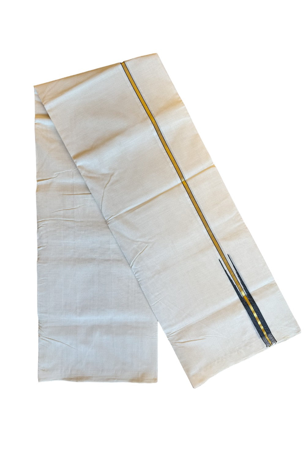 21% DISCOUNT!! KaithariKada HANDLOOM Unakkupaavu Balaramapuram - 100% PURE Cotton OFF White (Unbleached) Double Mundu/Dothi - Kasavu & Black big puliyilakkara chutty- 8KK203RAM