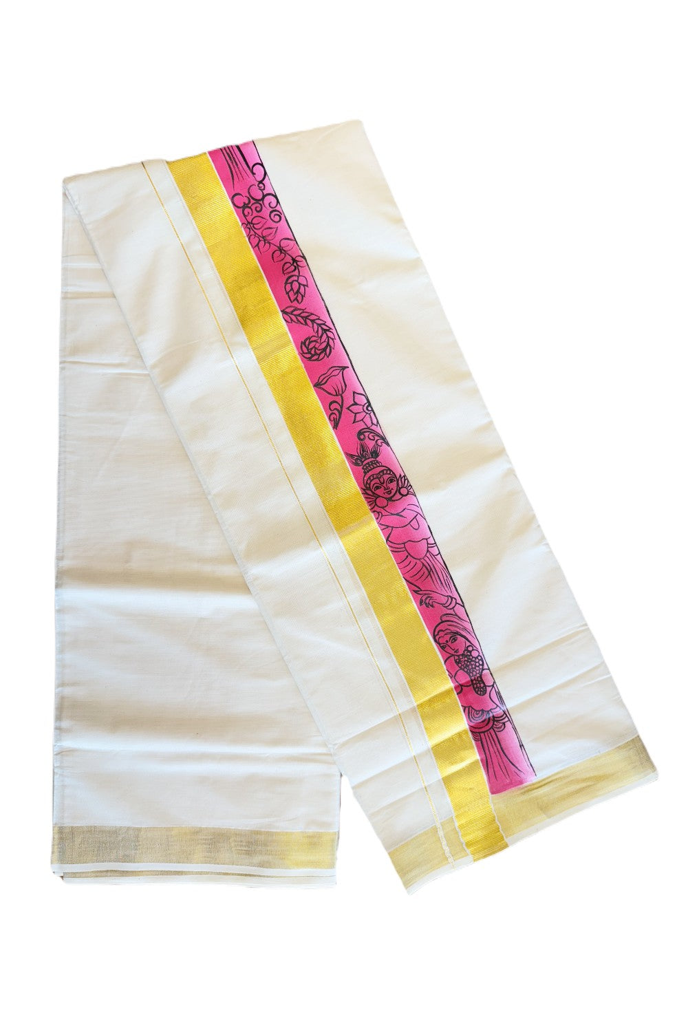 4% DISCOUNT!! KaithariKada Balaramapuram 100% Cotton Double Off white - (Unbleached) Mundu/Dhoti-80x72- 3.5 inch Kasavu Hand Painted Dark Pink Shaded Flower & Radha design-8