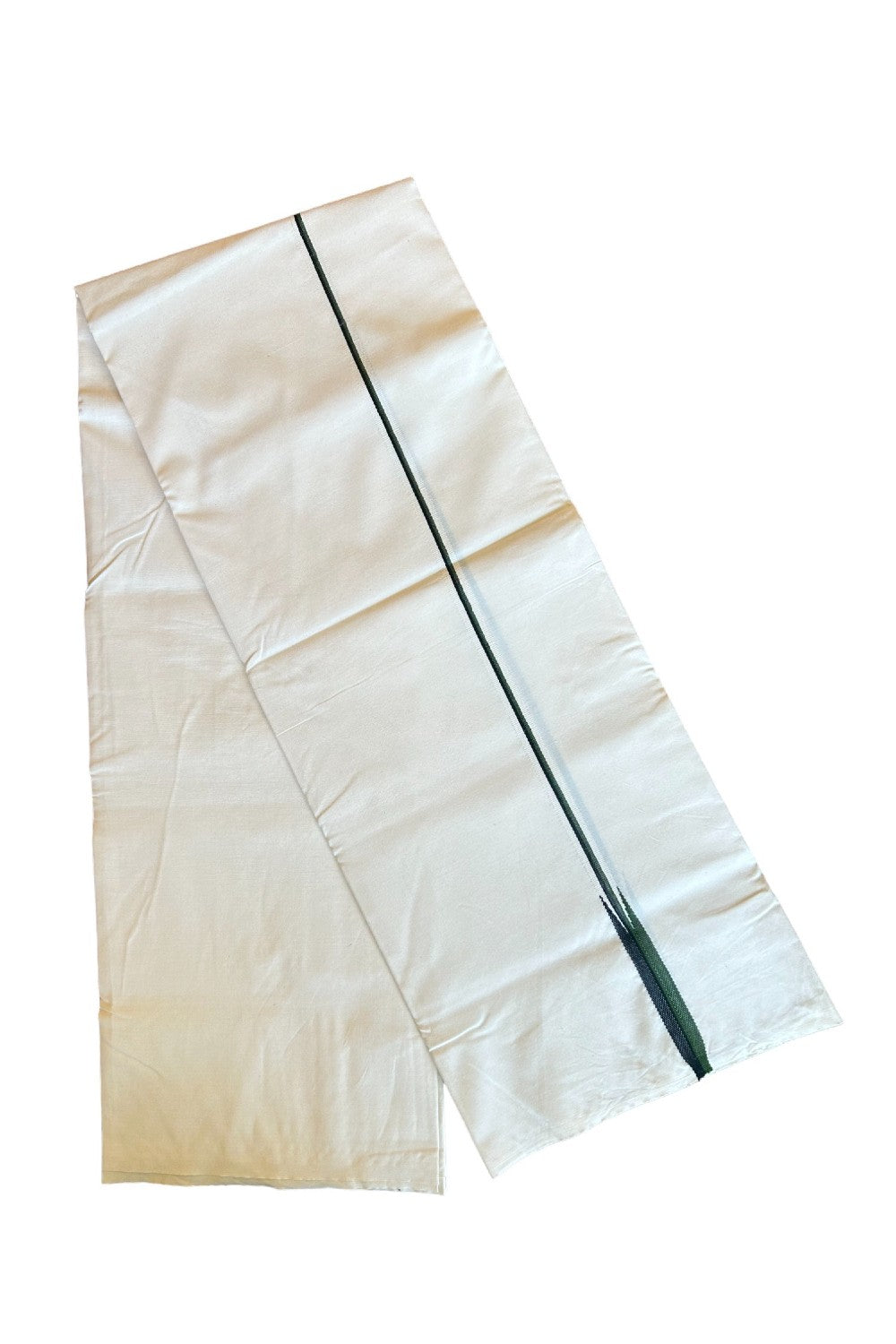 28% DISCOUNT ! KaithariKada Balaramapuram 100% COTTON SINGLE OFF WHITE (Unbleached) Mundu/Dhoti-100X100- 0.5 Inch Puliyilakkara Black & Seaweed Green Chutty (2 meter / 4 muzham)- 8KK429ASH