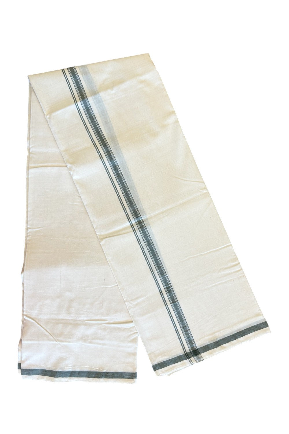 120X120 PREMIUM Kaitharikada Exclusive - 25% DISCOUNT! BALARAMAPURAM HANDLOOM Unakkupaavu - 100% PURE Cotton Double Mundu/Dhoti OFF WHITE - (Unbleached) - 1 inch Green Striped Kara - 8KK477KAL