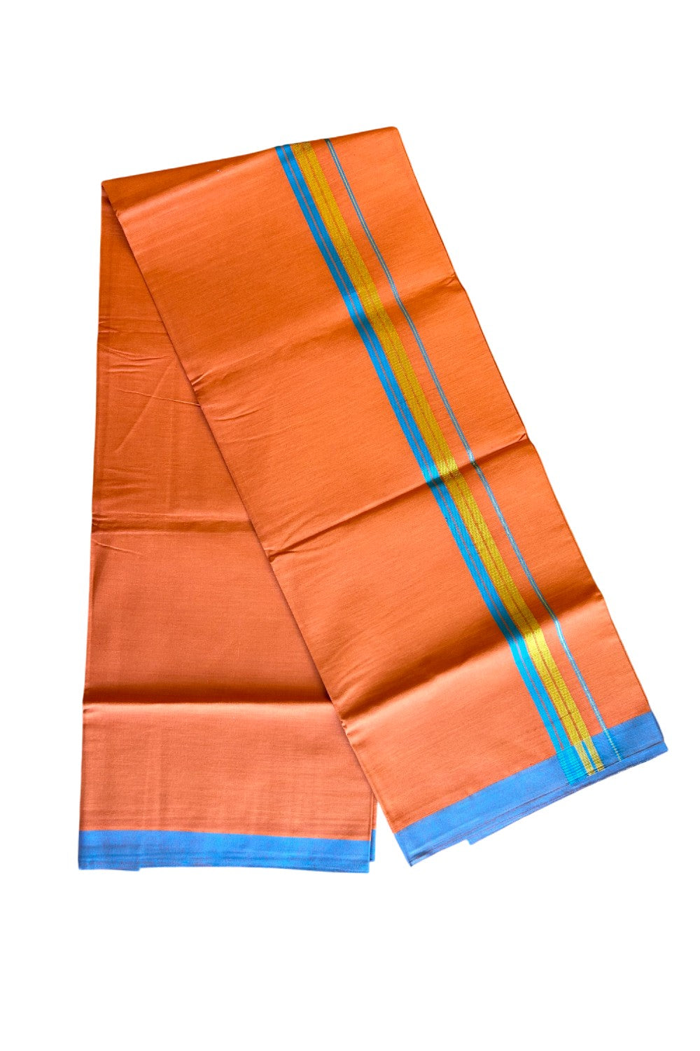 Kaitharikada Soft Cotton - Kaily / Lungi - 1.75 inch Blue green & kasavu striped kara with KAAVI colour body - 8KK492RAM