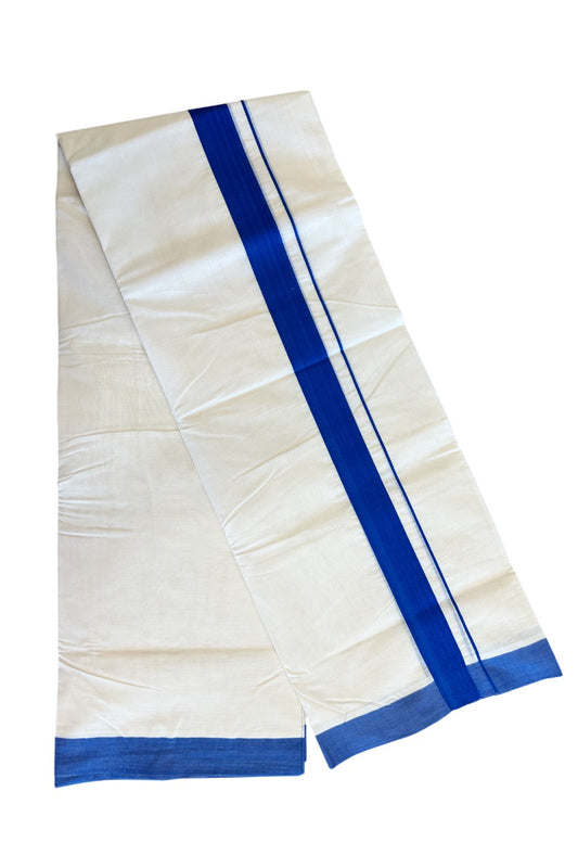 33% Discount! KaithariKada Balaramapuram 100% Cotton Double Off white - (Unbleached) - Mundu/Dhoti- 100x80 - 2inch Deep Blue Kara 3.75 mtr (8 Muzham) - 133
