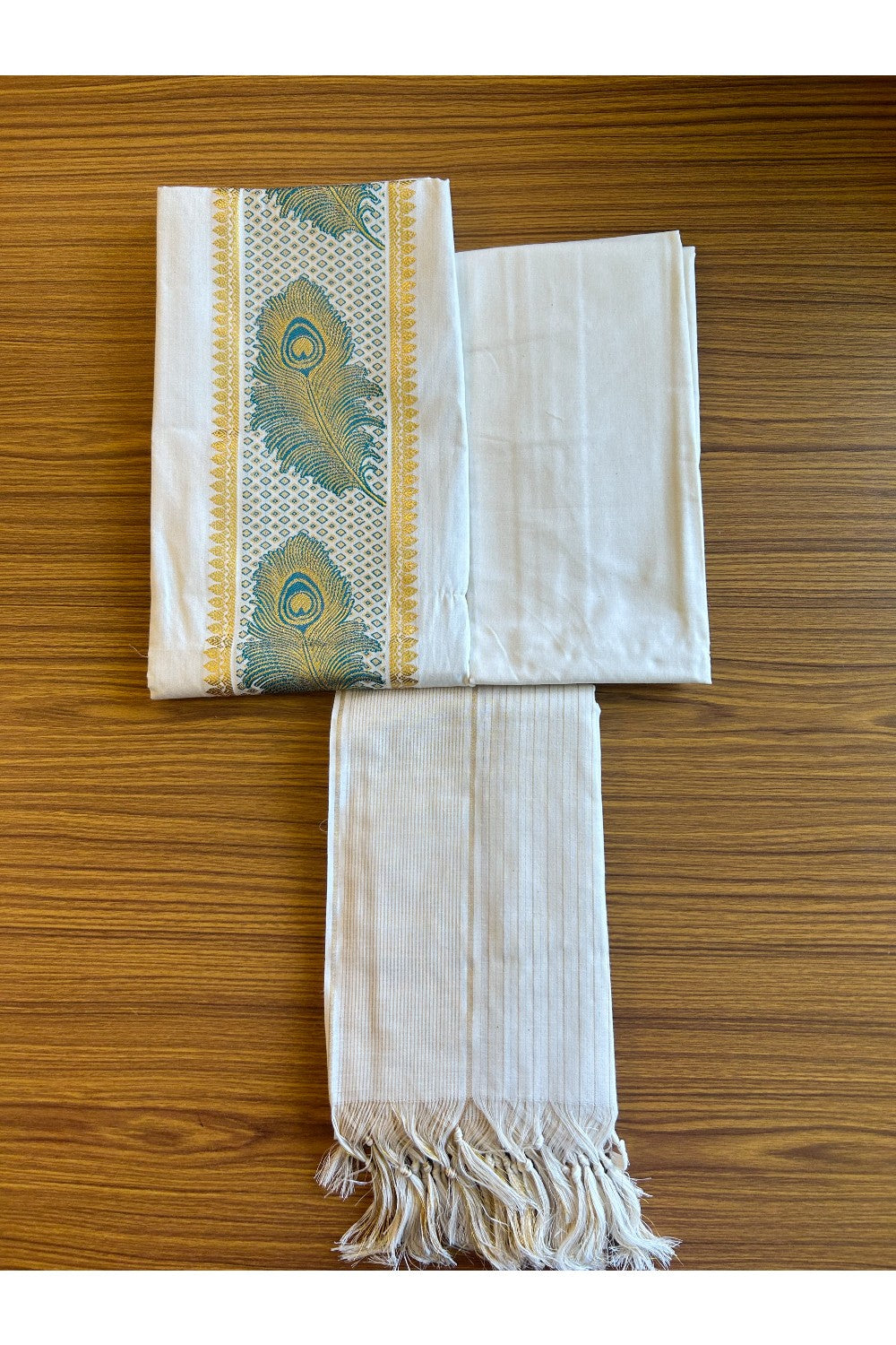 20% Discount ! Kaitharikada Traditional Kerala Style - Churidar Suit Material - Pure Cotton With Green Peacock Feather Design - 8KK505VIN