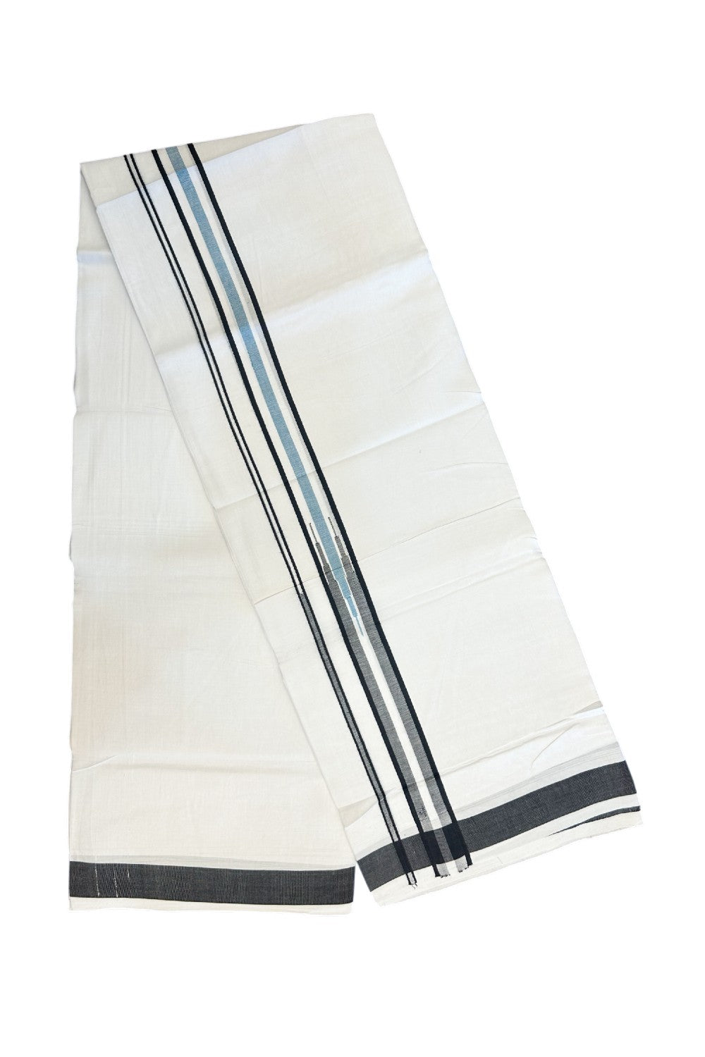 25% DISCOUNT! KaithariKada Balaramapuram 100% Mercerised Cotton Double ULTRA PURE white Mundu/Dhoti - 120x120 - 1.25 inch Heavy Chutty Black & Light Blue Shaded Kara - 8KK5139THI