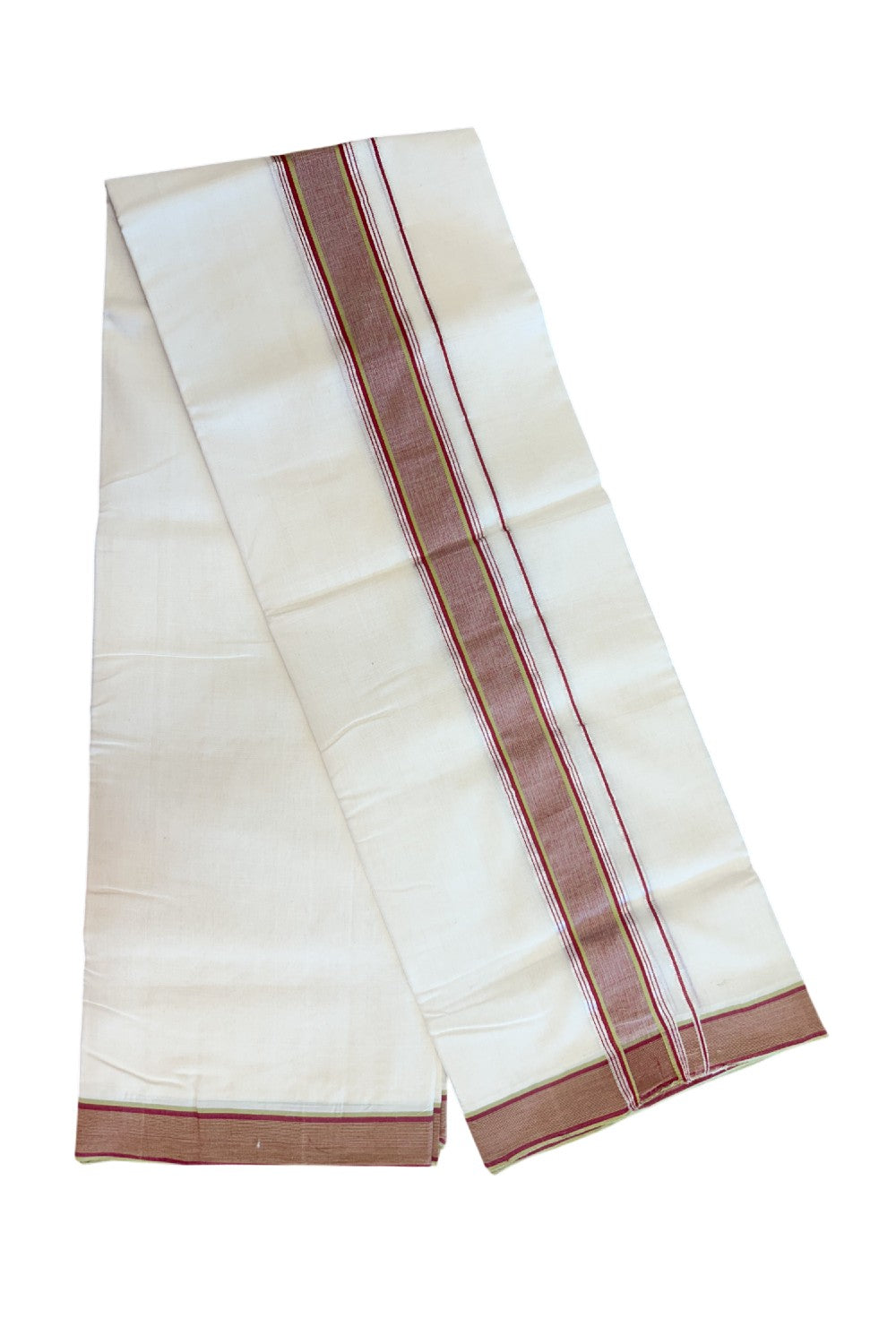 27% DISCOUNT! KaithariKada BALARAMAPURAM HANDLOOM UNAKKUPAAV - 100% PURE Cotton Off white (Unbleached) Double Mundu/Dhoti - 2 inch Silver Kasavu & Green Deep Red Striped Kara (8 Muzham) - 22KK5161SOM