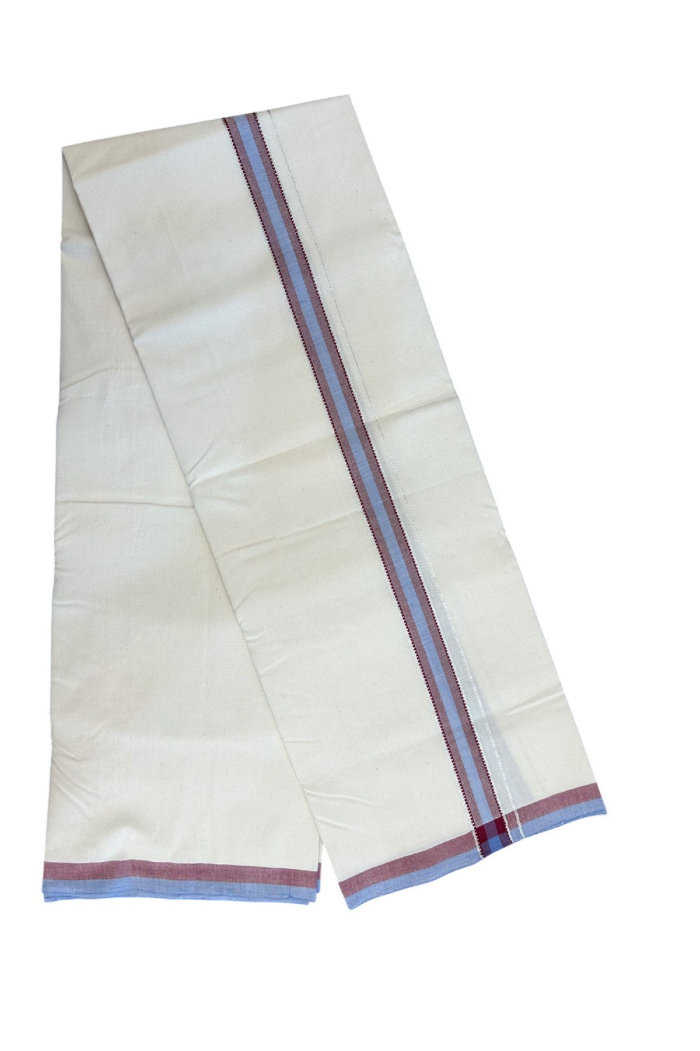 30%DISCOUNT!! SIGNATURE KAITHARIKADA EXCLUSIVE SINGLE DHOTI - 100% Cotton Balaramapuram HANDLOOM Single Mundu/Dhoti - Off White - (Unbleached) 1.25 inch Maroon Lavender & Silver Kasavu Kara (2 meter / 4 muzham)- 8KK5173KAI