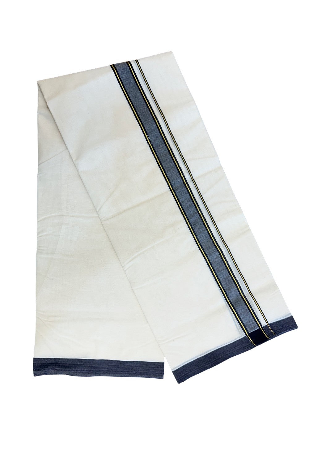 SHORT DHOTI SPECIAL! Kaitharikada.com 30% DISCOUNT! KaithariKada Balaramapuram 100% Cotton Off white (Unbleached) Double Mundu/Dhoti-100x100 - 1.5 inch Kara & 46 inches Height Navy Blue & Kasavu Striped Kara- 8KK5179ASH