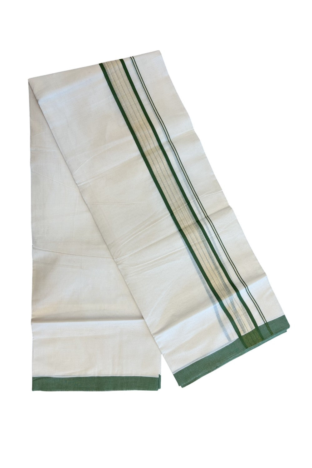 20% DISCOUNT! KaithariKada Balaramapuram Double OFF WHITE Mundu/Dhoti - 80x90 - 1.75 Inch Tissue Jungle Green striped Kara - 8KK5182VAS