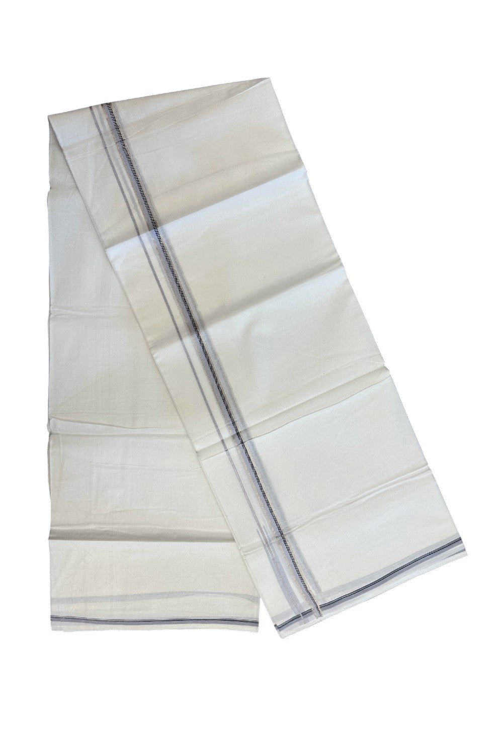 20% Discount !! Kaitharikada Balaramapuram 100% Cotton PURE WHITE DOUBLE Mundu/Dothi- 100X80 Thread - 0.5 inch - Silver Kasavu Black & Baby Blue Design Chutty Kara - 8KK5184RAMS