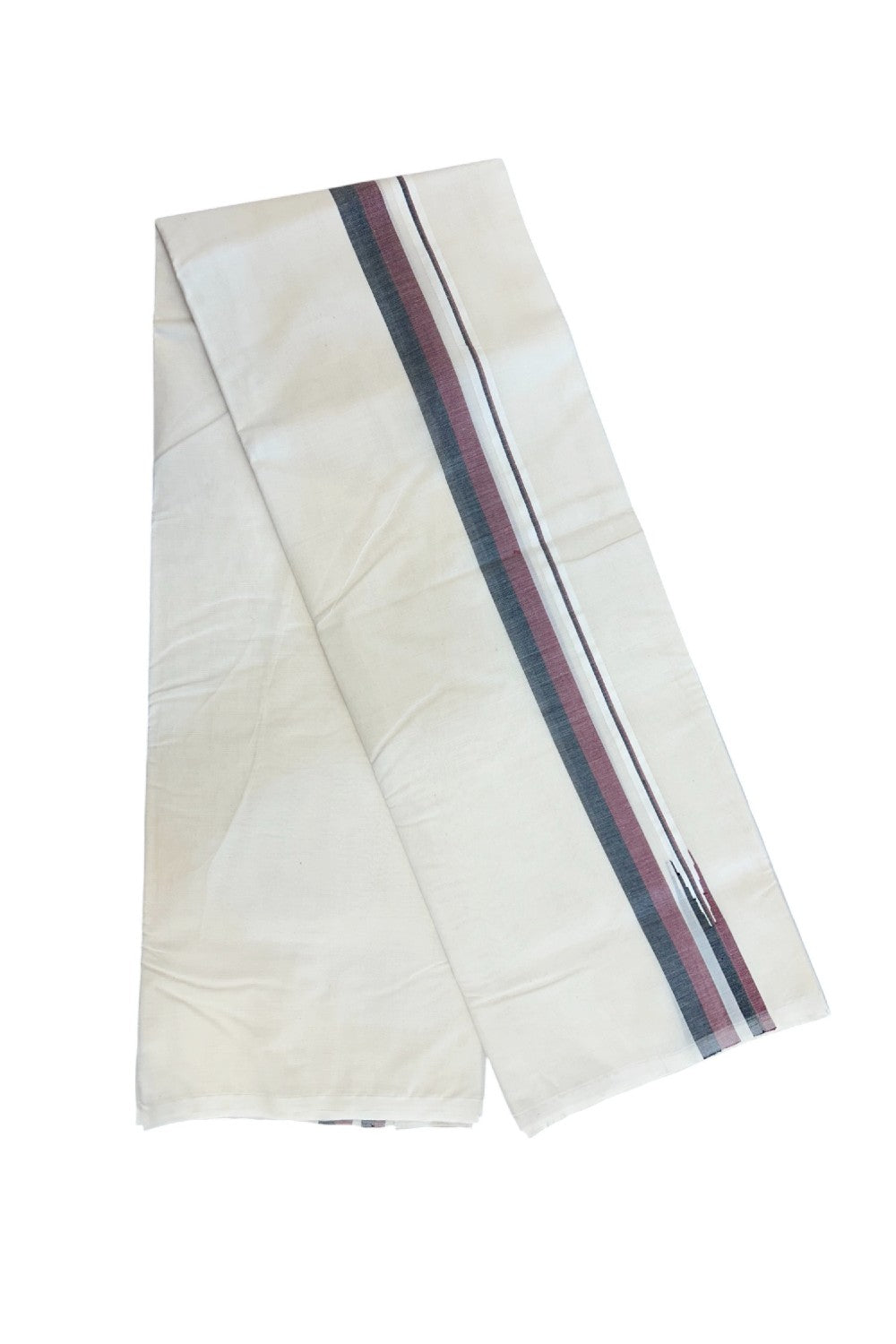 DMK Veshti - 19% DISCOUNT! KaithariKada 100% Cotton off white Double - (Unbleached) Mundu/Dhoti - 100X100 - 1.25 inch Puliyilakkara Black & Maroon Shaded Chutty kara 3.75m (8 muzham)- 8KK5187ASH