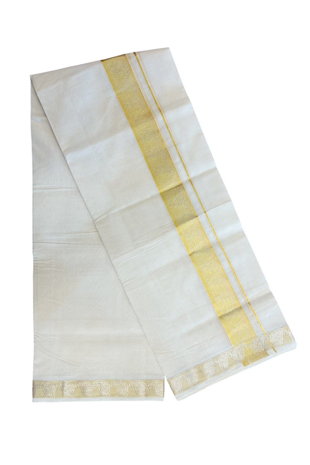 25% DISCOUNT ! KaithariKada HANDLOOM Unakkupaav Balaramapuram - 100% PURE Cotton Off White - (Unbleached) Double Mundu/Dhoti - 1.75 inch Gold Kasavu Jacquard Design Kara - 8KK5190ABH