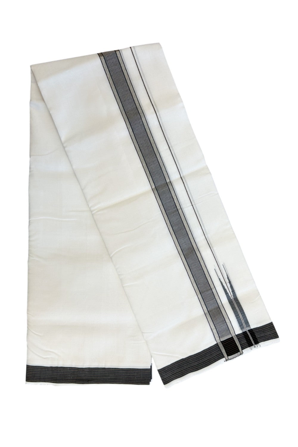 25% Discount!! NEW ULTRA PURE WHITE HANDLOOM Balaramapuram - 100% Mercerised Cotton Double Mundu/Dhoti - 120 twisted warp x 80s weft - 1.5 inch Puliyilakkara Silver Kasavu & Black Brown Striped Chutty Kara- 8KK5200REA