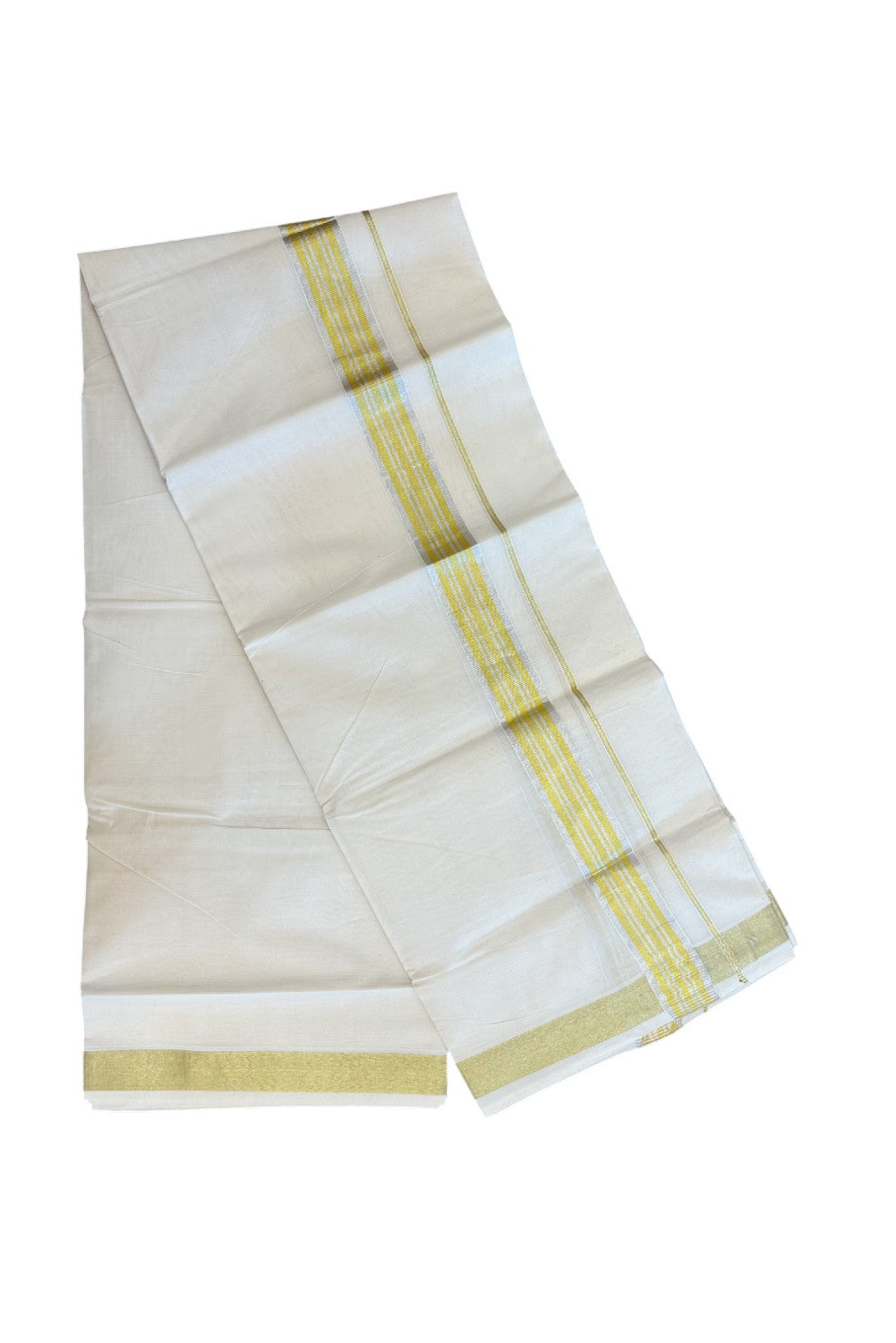 20% DISCOUNT ! KaithariKada Balaramapuram - 100% PURE Cotton Off White - (Unbleached) Double Mundu/Dhoti - 100X80 - 1.5 inch Gold Kasavu & Silver Kasavu Striped Kara - 8KK5212 VIN