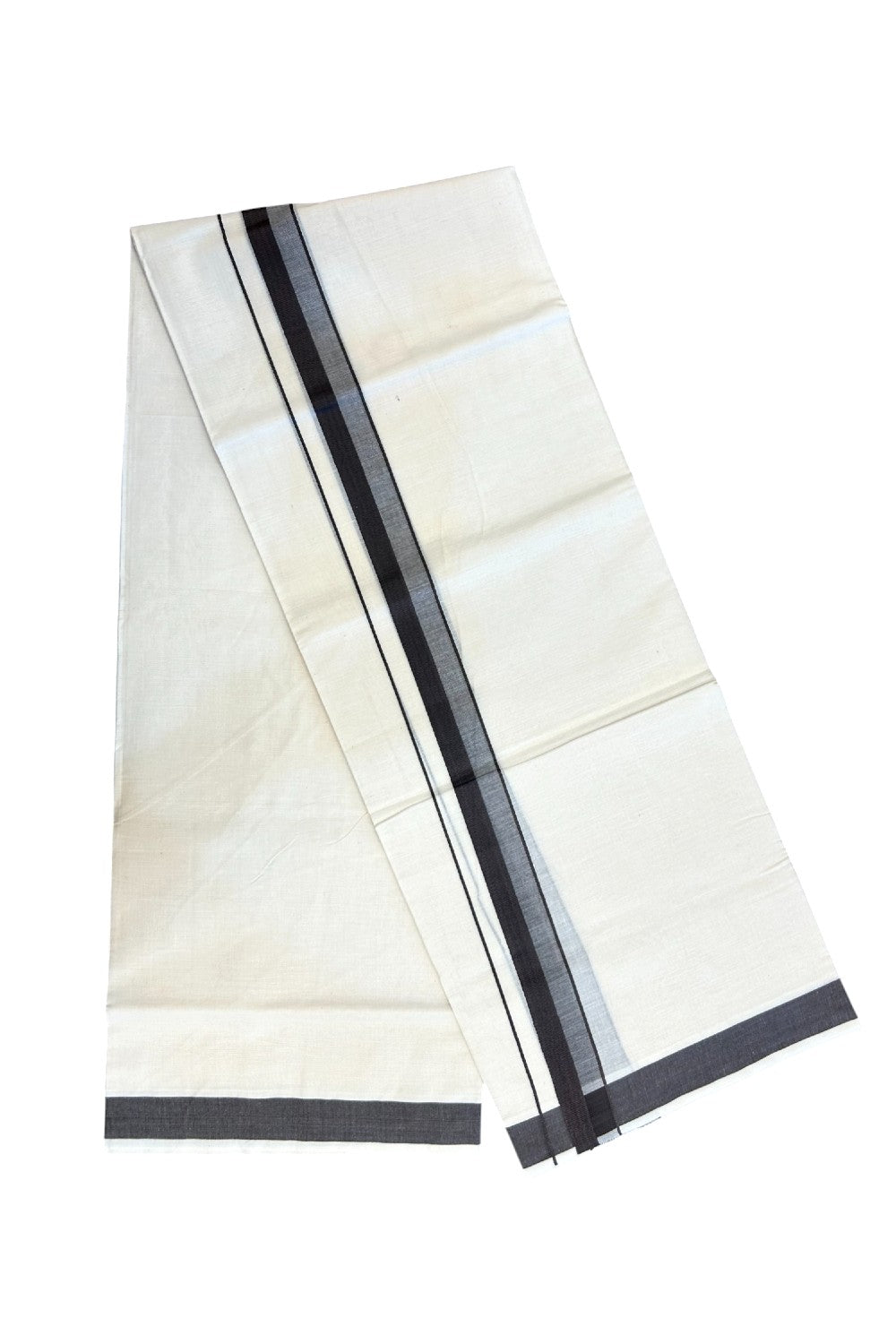 24% Discount ! KaithariKada Balaramapuram 100% Cotton Double OFF WHITE- (Unbleached) - Mundu / Dhoti- 100x80 - 1.5 inch Dark Brown Kara - 8KK5214 MC